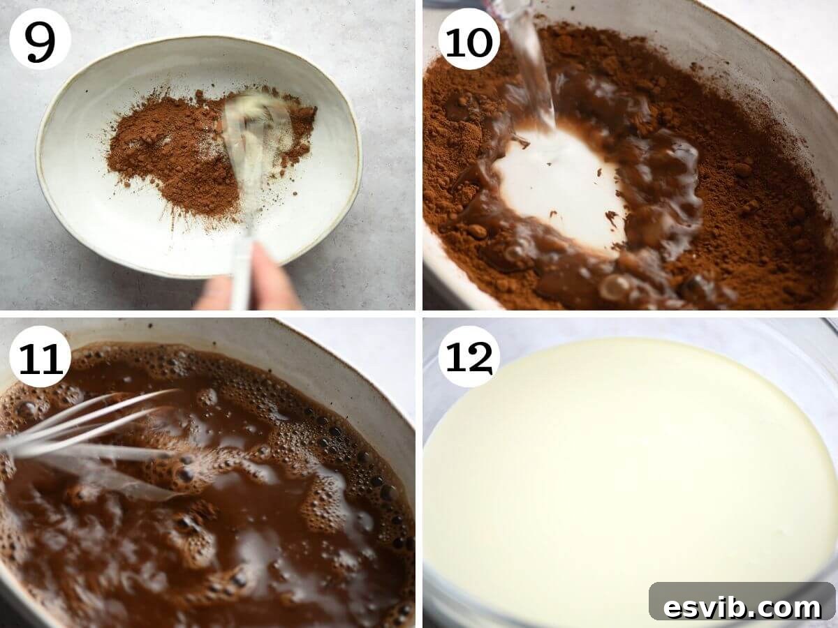 A collage of four photos showing how to prepare the cocoa dipping liquid by mixing cocoa powder, sugar, and hot water, followed by an image of heavy cream in a mixing bowl ready for whipping.