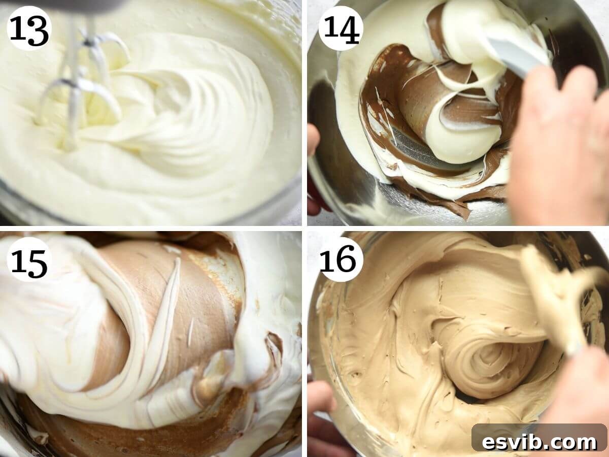 A collage of four photos demonstrating how to combine the chilled chocolate custard with soft-peak whipped cream, gently folding them together to create a light and rich chocolate filling for the tiramisu.