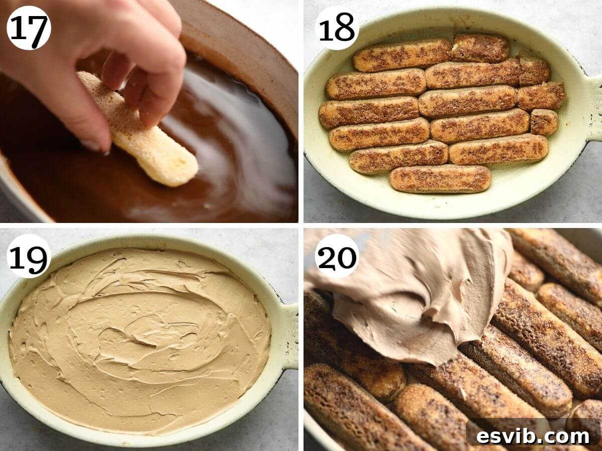 A collage of four photos demonstrating the assembly of chocolate tiramisu: dipping Savoiardi biscuits (Italian ladyfingers) into cocoa liquid, layering them in a dish, and topping with rich chocolate cream.