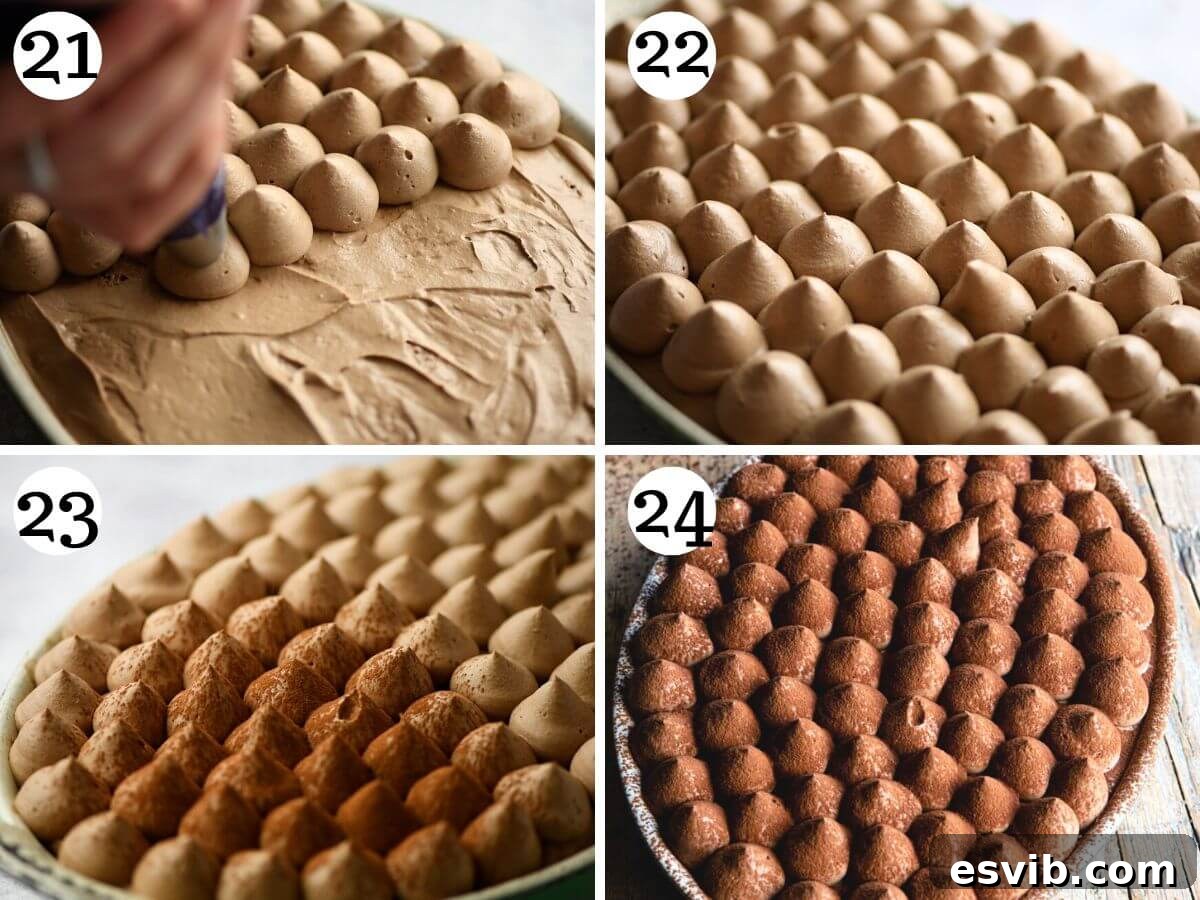 A collage of four photos demonstrating elegant finishing touches for chocolate tiramisu: piping the chocolate cream in decorative patterns on top of the dessert, followed by a light dusting of cocoa powder just before serving.