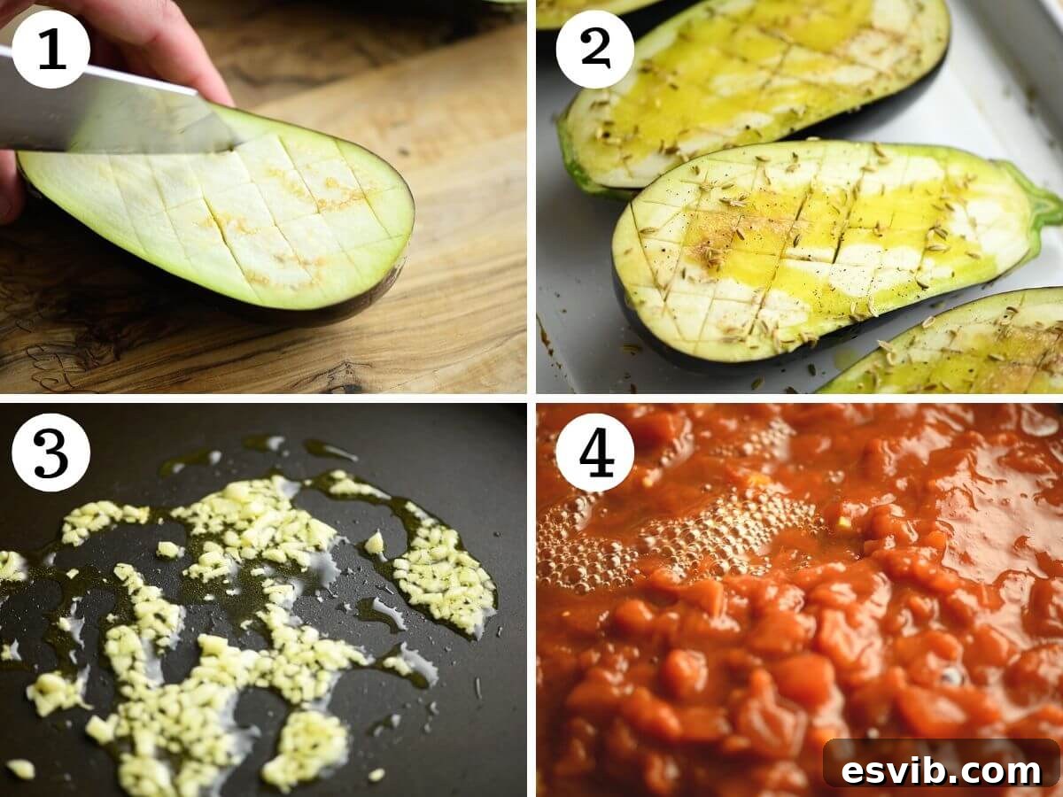 A visual guide in a collage format, illustrating the methodical process of preparing eggplant for roasting and then meticulously simmering a fresh, aromatic tomato sauce with garlic.