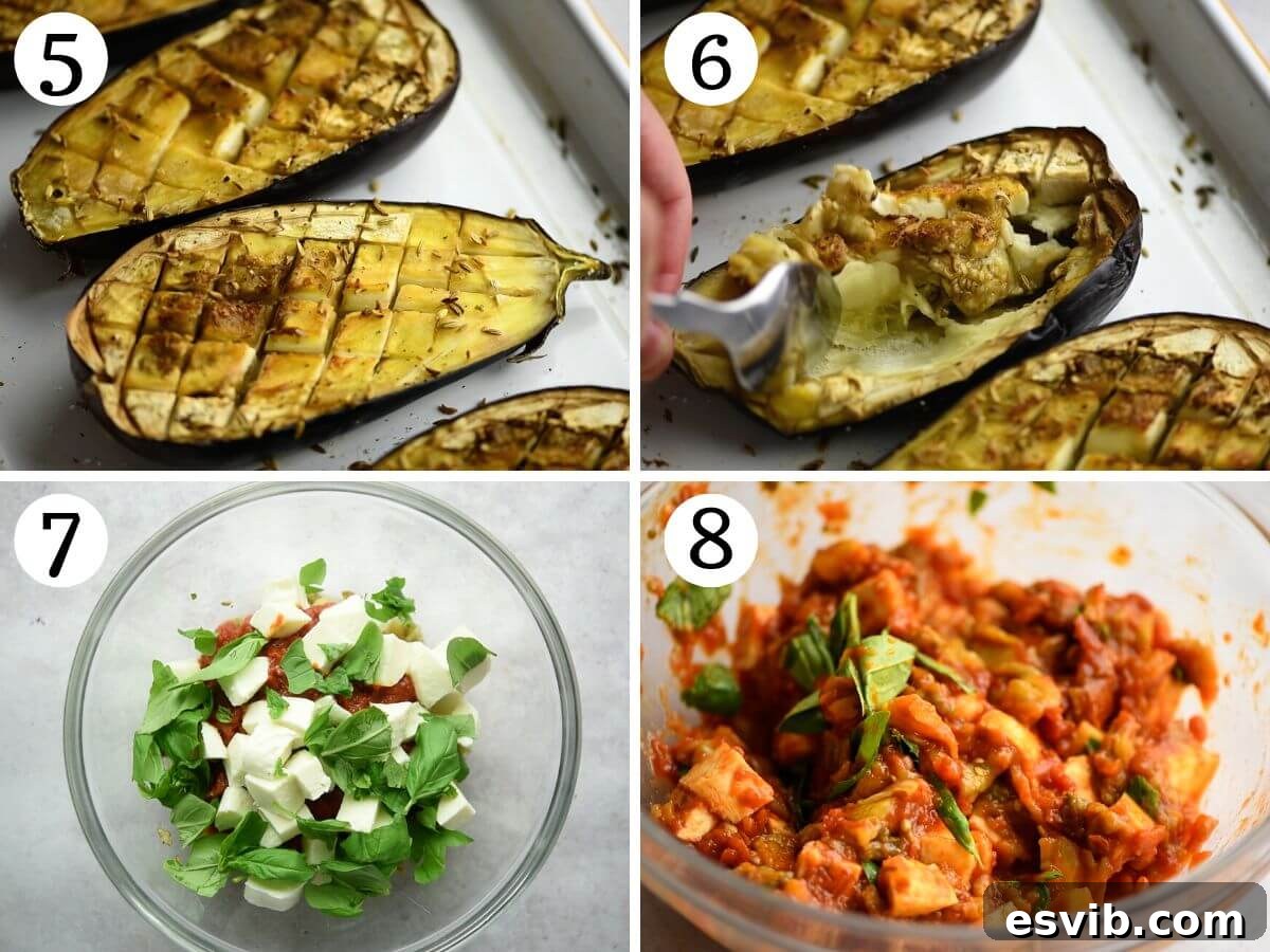 A comprehensive visual collage demonstrating the steps involved in scooping out the tender, baked eggplant flesh and subsequently mixing it in a bowl with the rich tomato sauce, creamy mozzarella, and fragrant fresh basil.