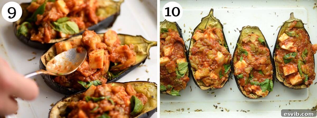 Two sequential images: the first shows eggplants being meticulously stuffed with the prepared flavorful filling, and the second displays the beautifully golden-brown, baked stuffed eggplants fresh out of the oven, glistening with melted cheese.