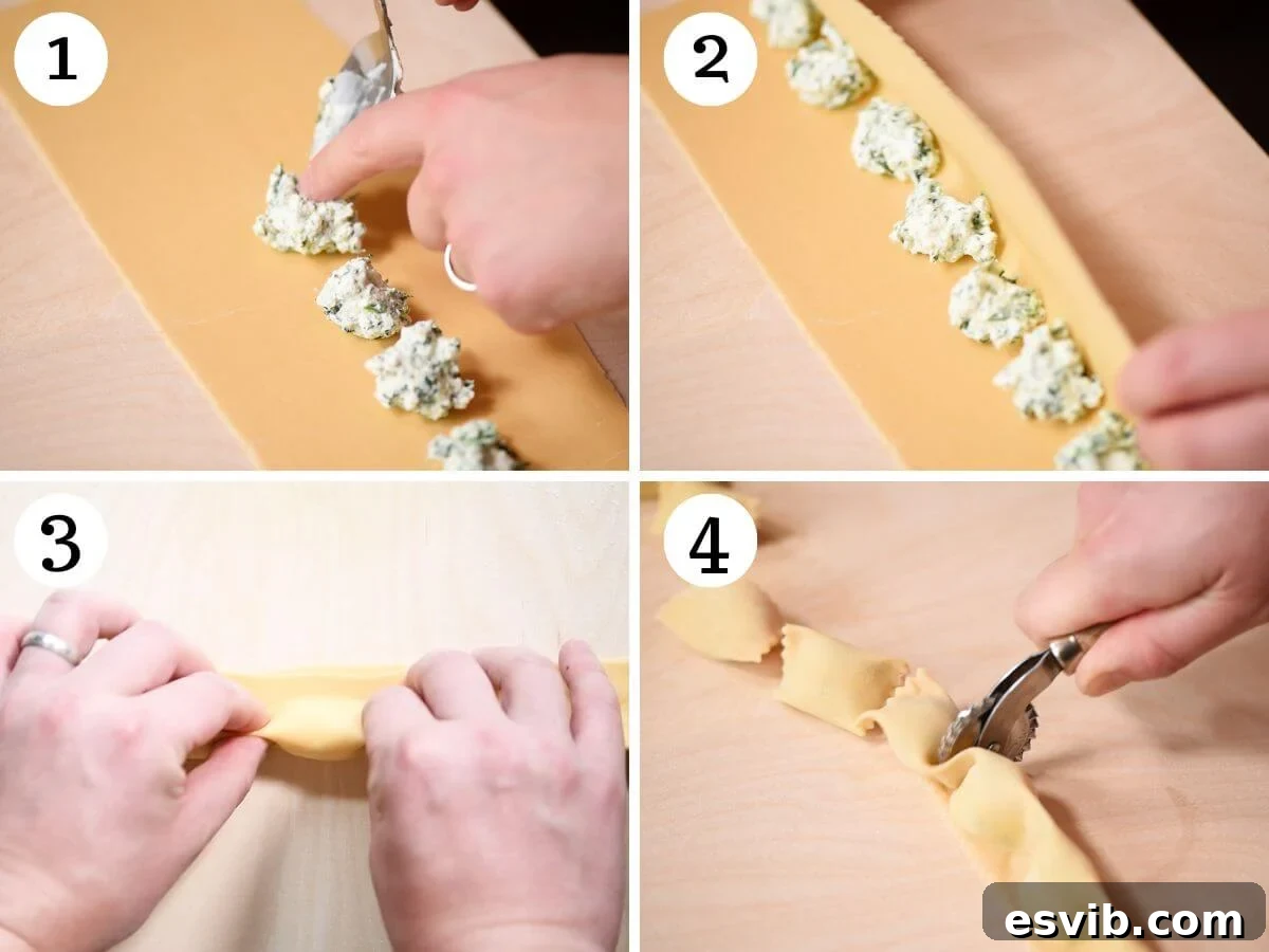 Four photos illustrating how to spoon the filling into Agnolotti pasta before shaping.