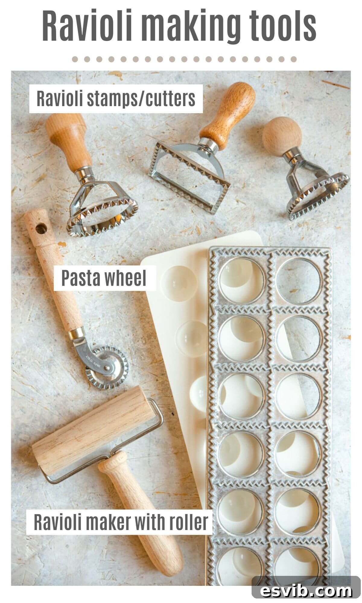 Golden Butternut Ravioli with Aromatic Sage Brown Butter 3 An overhead shot showcasing various ravioli making tools labeled: ravioli stamps/cutters, pasta wheels, and a ravioli maker with its accompanying roller, all arranged on a light surface.
