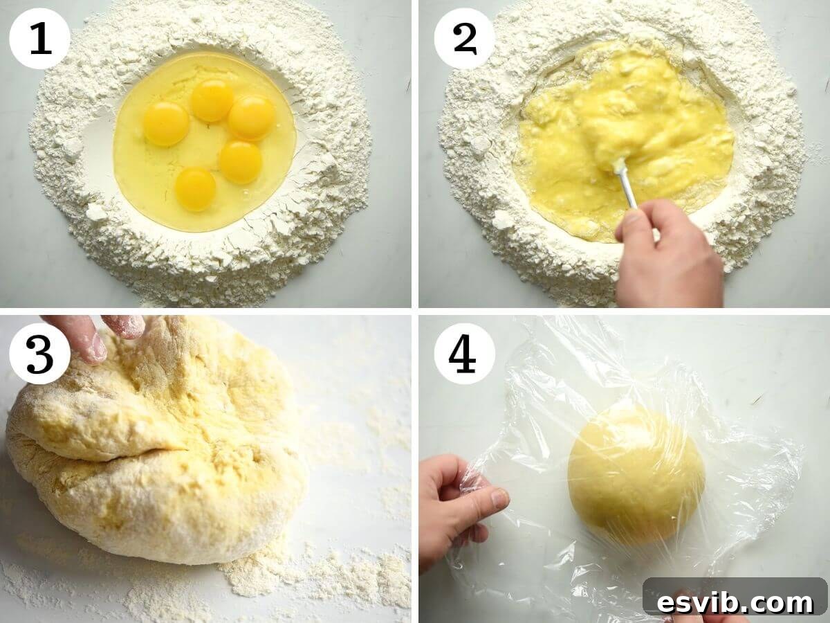 Golden Butternut Ravioli with Aromatic Sage Brown Butter 5 Four step-by-step photos in a collage illustrating the process of making fresh homemade pasta dough from scratch, showing flour on a surface, a well being formed, eggs added to the well, and the initial mixing.