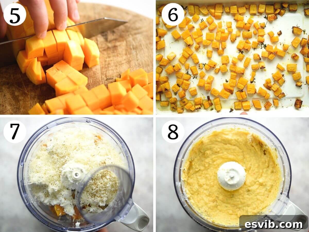 Golden Butternut Ravioli with Aromatic Sage Brown Butter 6 Four step-by-step photos in a collage detailing the preparation of the butternut squash filling: showing cubed squash on a baking tray, roasted squash, combining ingredients in a food processor, and the finished smooth filling.