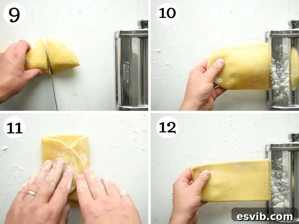 Golden Butternut Ravioli with Aromatic Sage Brown Butter 7 Four step-by-step photos in a collage demonstrating how to roll out pasta dough using a manual pasta machine: showing a flattened piece of dough, passing it through the machine, folding and repeating, and finally a long, thin sheet of pasta.