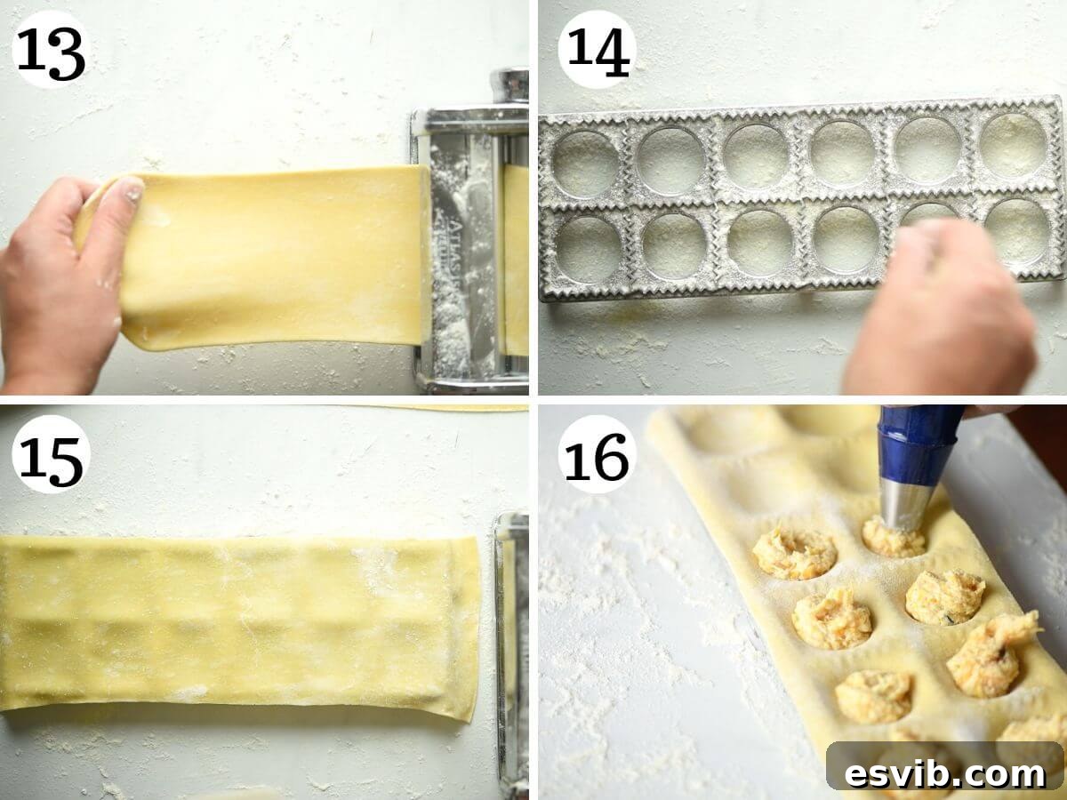 Golden Butternut Ravioli with Aromatic Sage Brown Butter 8 Four step-by-step photos in a collage illustrating the use of a ravioli maker: showing pasta sheet placed over the mold, the indent mould positioned, filling the pockets, and covering with a second pasta sheet.