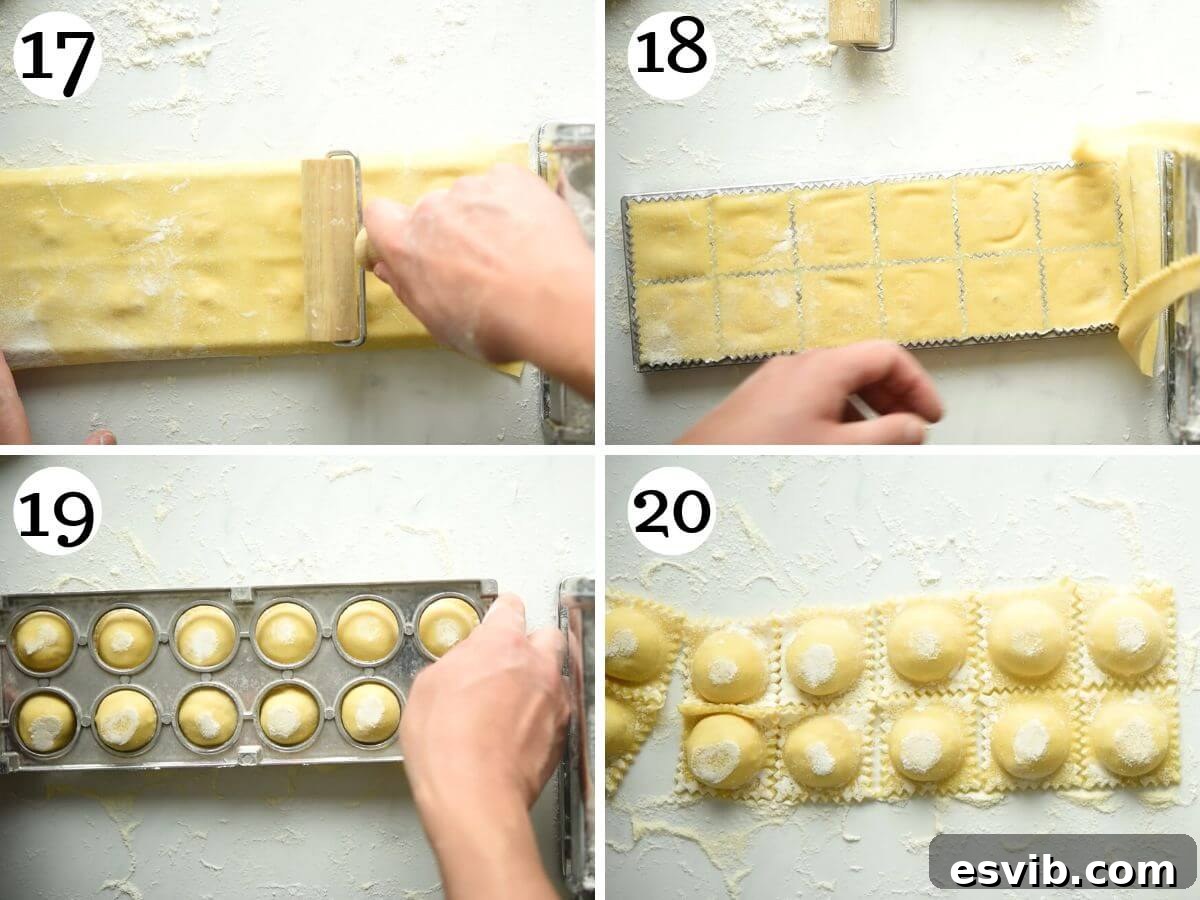 Golden Butternut Ravioli with Aromatic Sage Brown Butter 9 Four step-by-step photos in a collage demonstrating how to fill and seal homemade butternut squash ravioli using a ravioli maker: showing the filling in pockets, the top pasta sheet applied, sealing with a roller, and individual ravioli being separated.