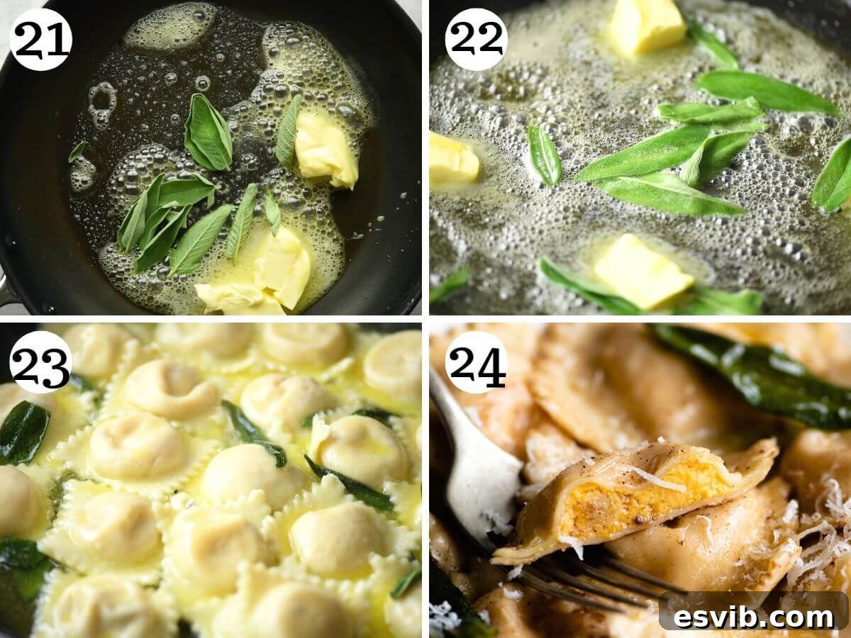 Golden Butternut Ravioli with Aromatic Sage Brown Butter 10 Four step-by-step photos in a collage demonstrating how to make a brown butter and sage sauce for ravioli: showing butter melting in a skillet, sage leaves added, the butter browning, and finally the cooked ravioli tossed in the sauce.