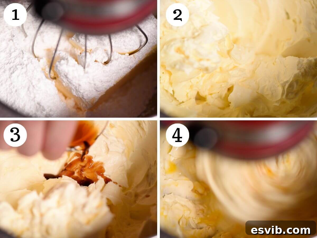 Italian Whipped Butter Cookies 4 A four-photo collage clearly illustrating the initial stages of preparing Italian butter cookies: first, whipping butter and powdered sugar until light, then blending in eggs, vanilla, and orange zest.