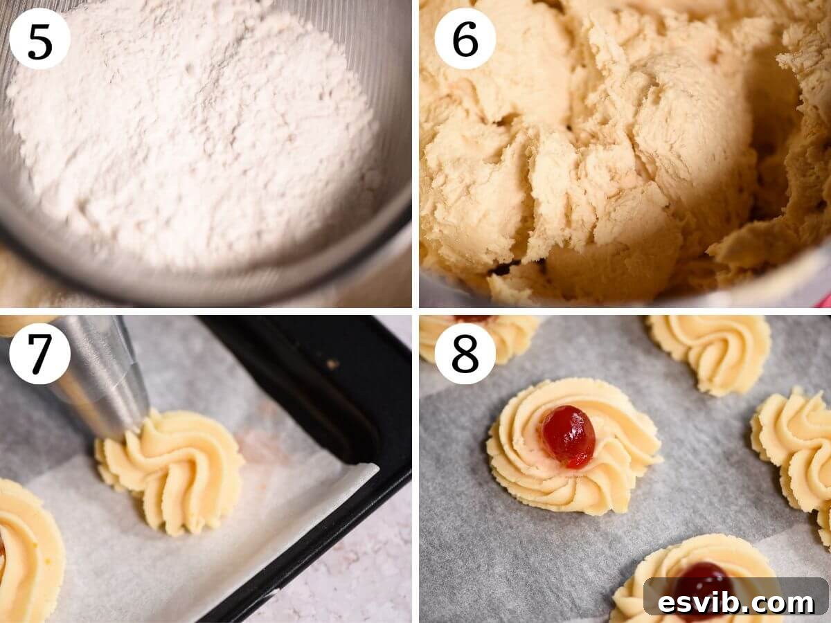 Italian Whipped Butter Cookies 5 A four-photo collage demonstrating the process of adding flour to the cookie dough, then filling a piping bag, and finally piping various beautiful cookie shapes onto a parchment-lined baking sheet.
