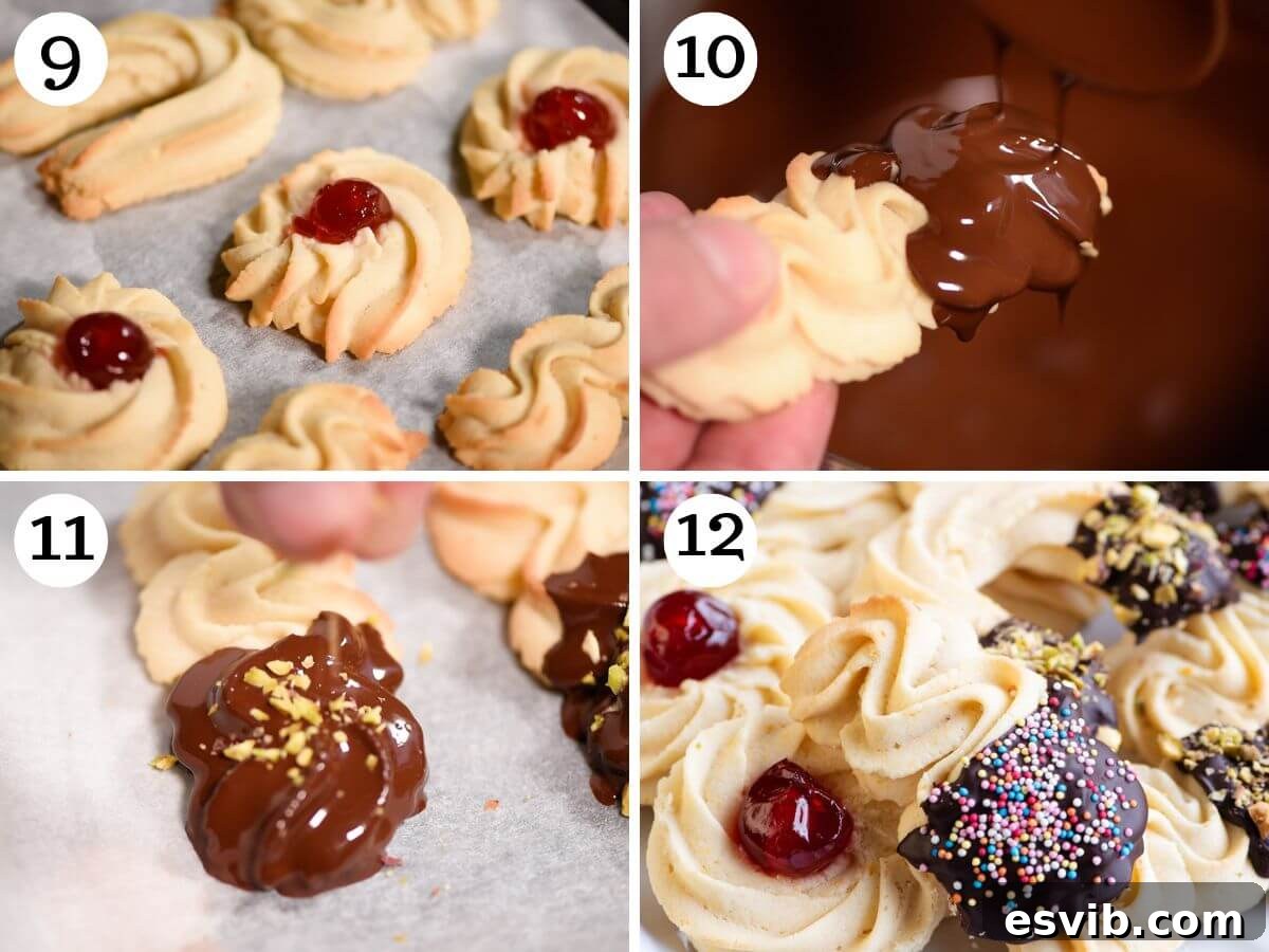 Italian Whipped Butter Cookies 6 A four-photo collage sequence showing the final stages of Italian butter cookie preparation: baking in the oven, dipping one end in melted chocolate, garnishing with pistachios, and a finished cookie ready to enjoy.