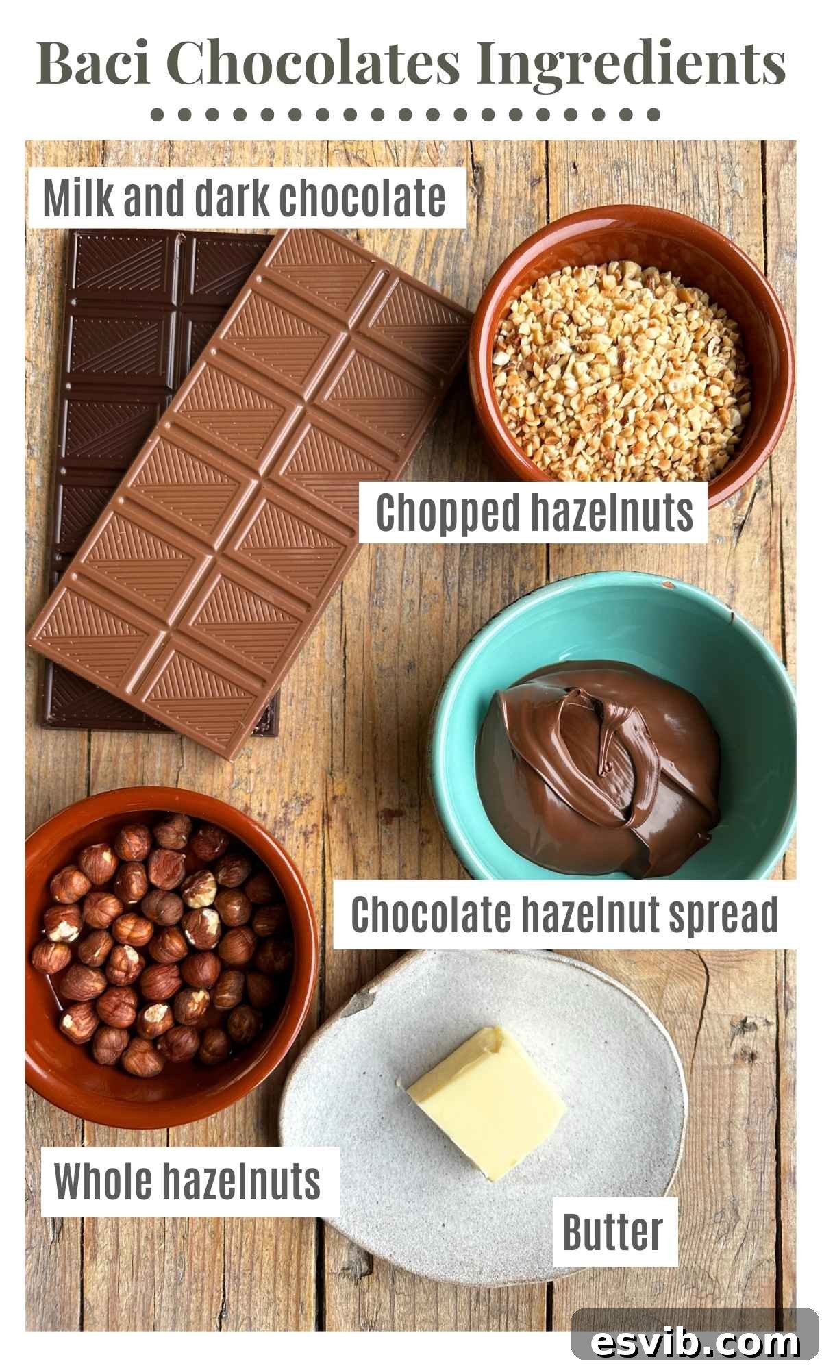 Homemade Italian Chocolate Kisses 3 An overhead shot showcasing all the premium ingredients neatly laid out on a clean surface, meticulously prepared for making homemade Italian Baci chocolates, emphasizing quality and freshness.