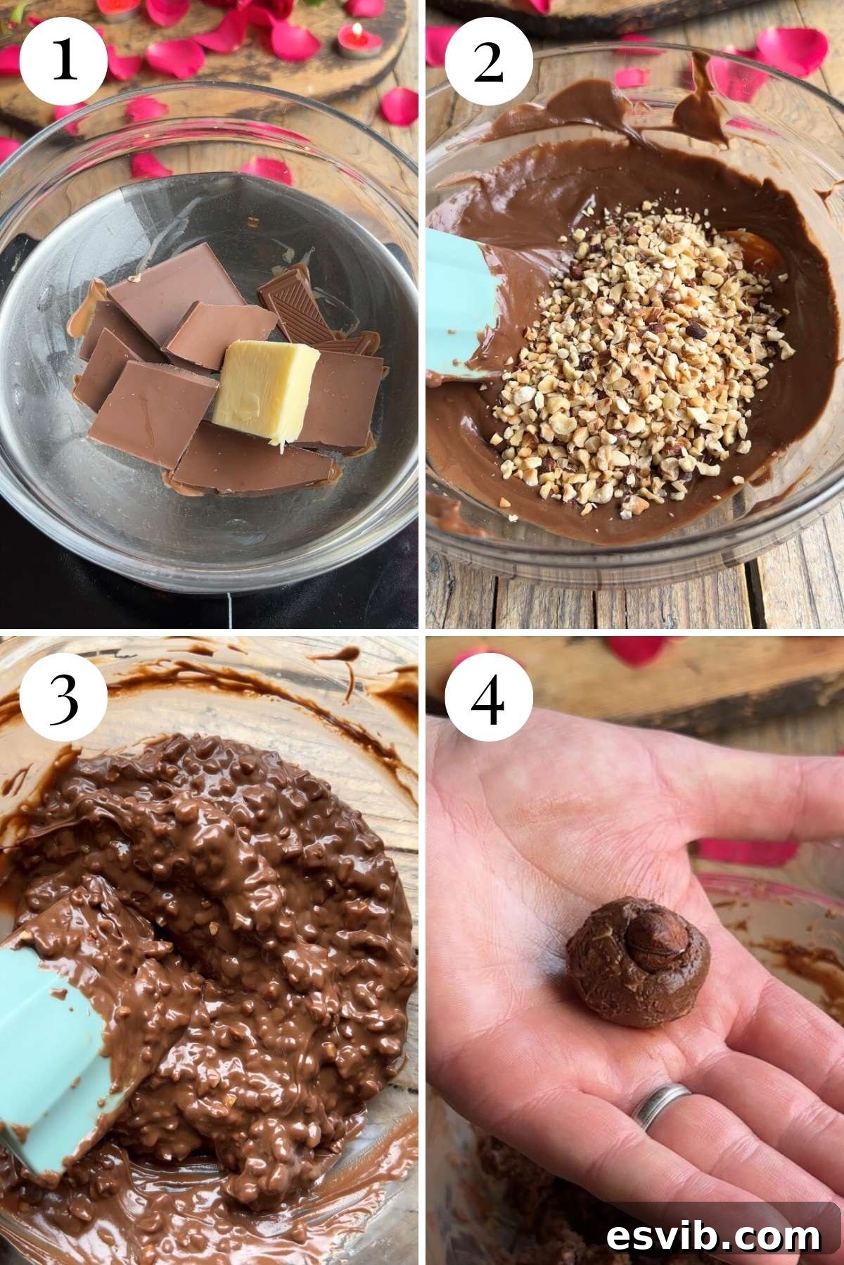Homemade Italian Chocolate Kisses 4 A detailed collage of four step-by-step photos, visually guiding the process of making Italian Baci chocolates from melting the chocolate base to expertly forming the hazelnut-studded centers.