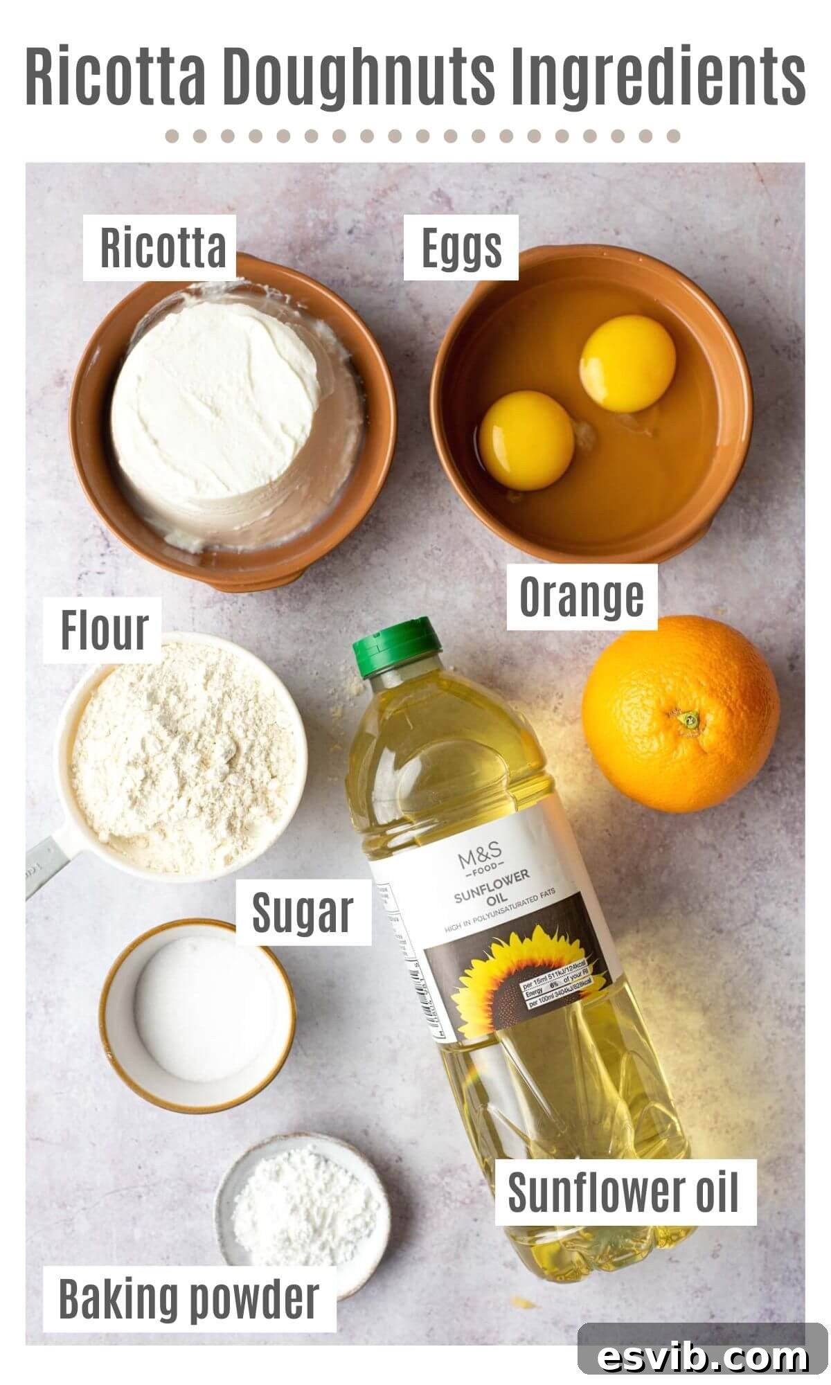 Sweet Italian Ricotta Puffs 3 An overhead shot of all the ingredients you need to make Italian ricotta doughnuts with orange zest