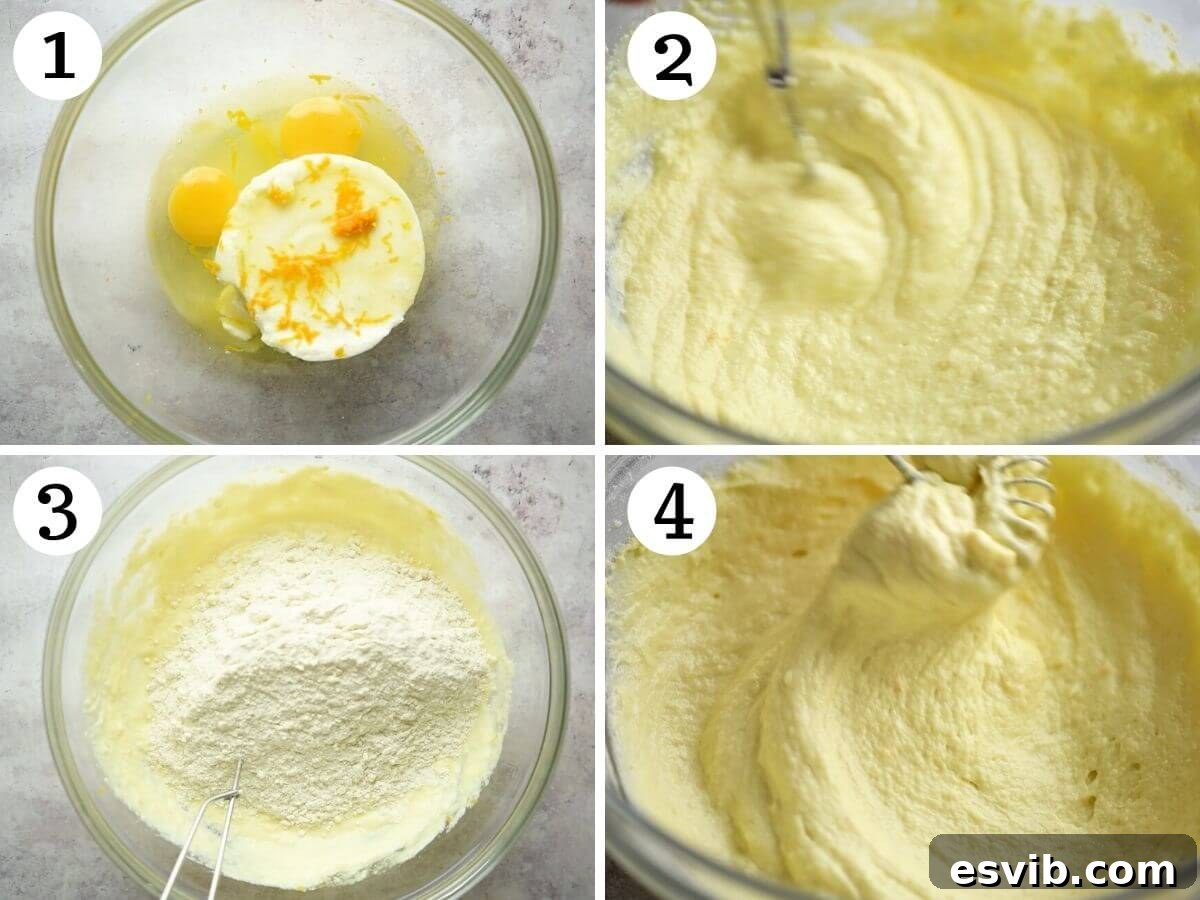 Sweet Italian Ricotta Puffs 4 Four photos in a collage grid showing how to mix wet and dry ingredients together