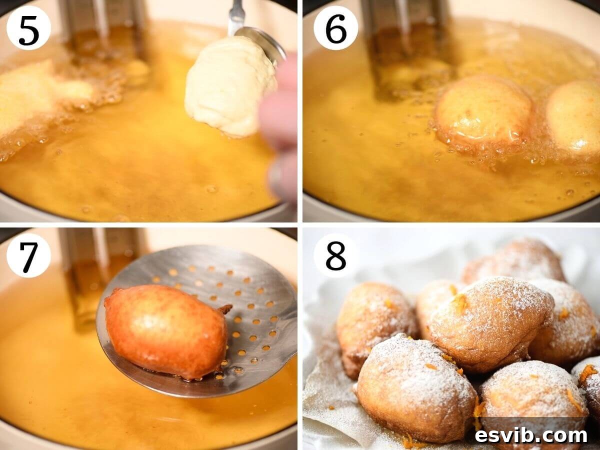 Sweet Italian Ricotta Puffs 5 Four photos in a collage grid showing how to fry ricotta doughnuts