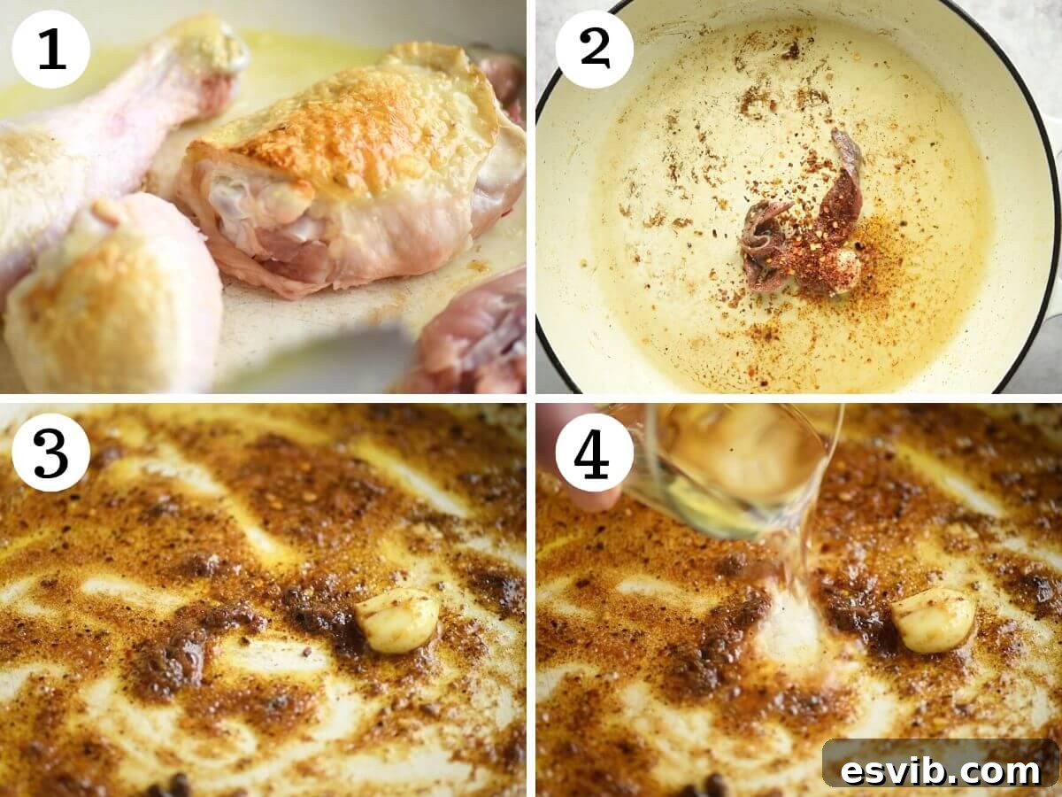 A four-photo collage illustrating the initial steps of cooking Chicken Puttanesca: browning chicken thighs in a skillet, then sautéing garlic, anchovies, and chili flakes, and finally deglazing the pan with white wine.