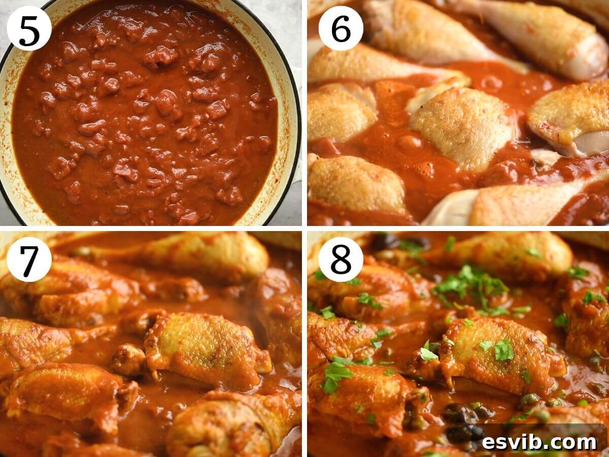 A four-photo collage showing the process of making chicken in puttanesca sauce: adding tomatoes, simmering the chicken covered, simmering uncovered to thicken the sauce, and finally stirring in olives, capers, and parsley.