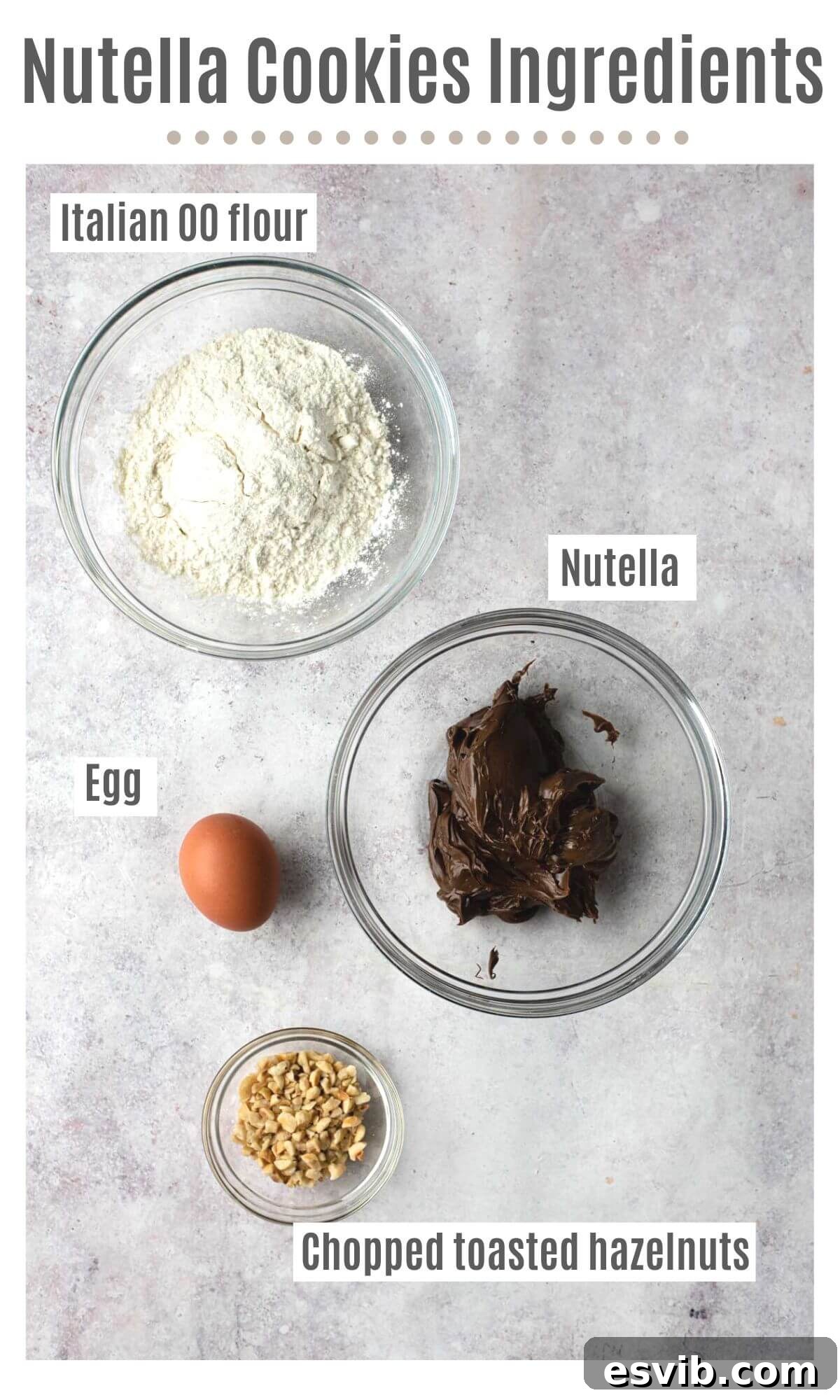 An overhead flat lay photo showcasing all the essential ingredients for making Nutella cookies: a jar of Nutella, a bowl of all-purpose flour, a single egg, and a small pile of chopped toasted hazelnuts.