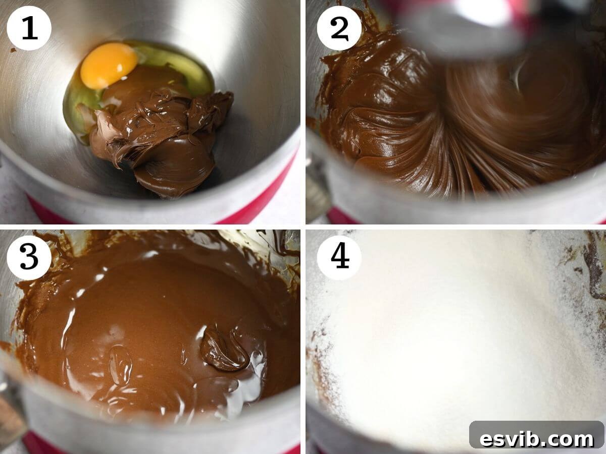 Four photos in a collage demonstrating the process of mixing Nutella, egg, and flour to create the cookie dough.