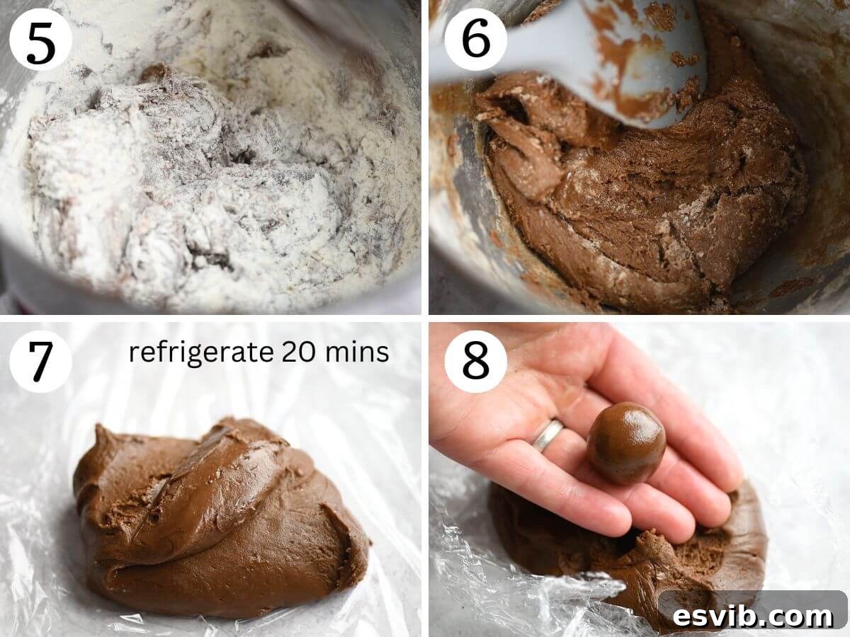 Four photos in a collage showing how to prepare Nutella cookie dough, roll it into small balls, and create a thumbprint indentation in each one.