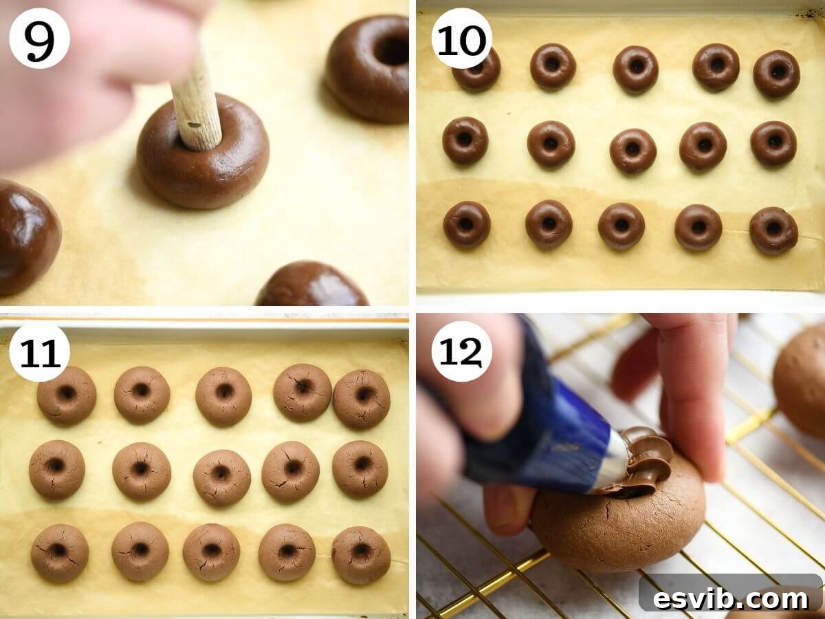 Four photos in a collage showing Nutella cookies on a baking sheet before and after baking, and the process of filling them with more Nutella.