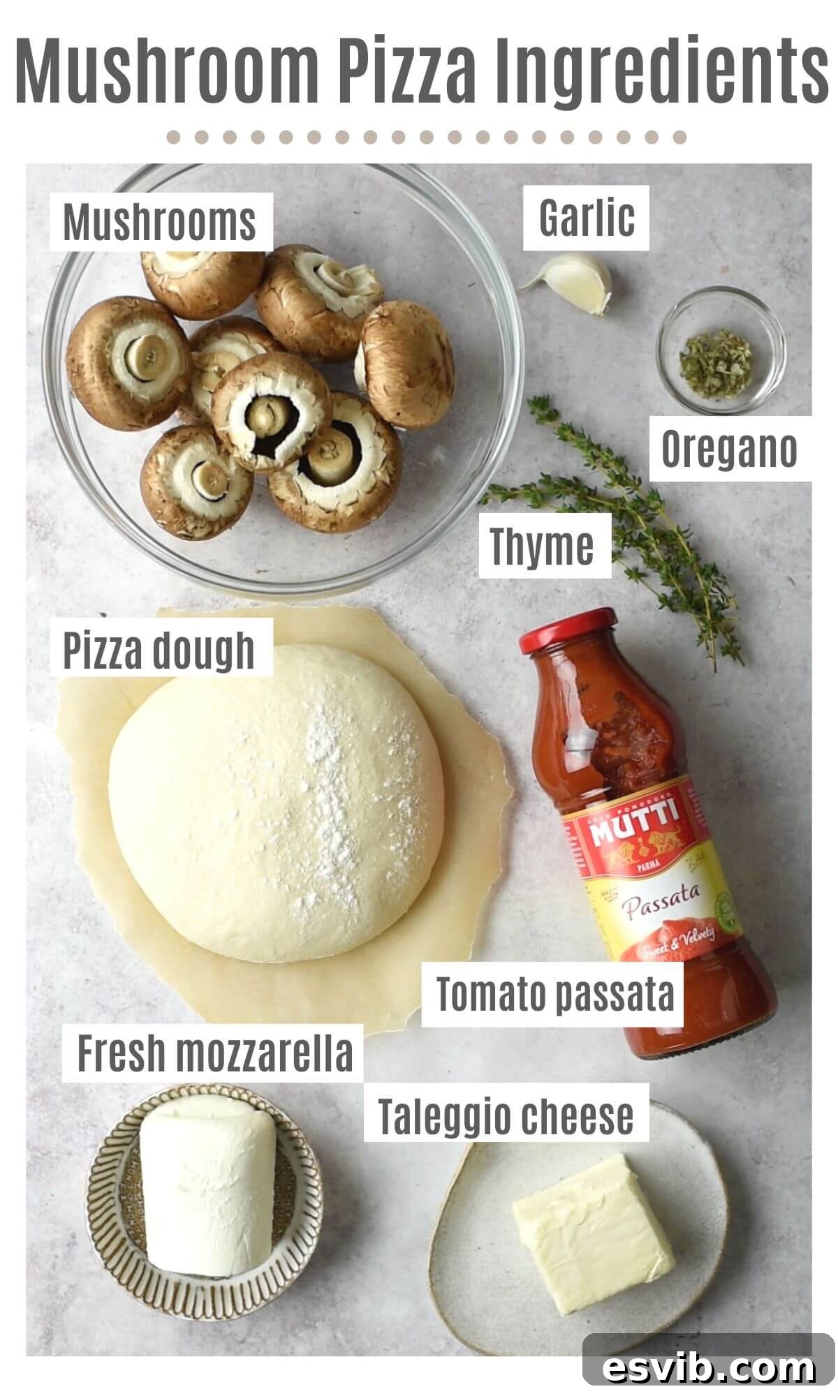 Creamy Taleggio Wild Mushroom Pizza 3 An overhead shot displaying all the essential ingredients meticulously laid out for preparing a gourmet mushroom pizza.