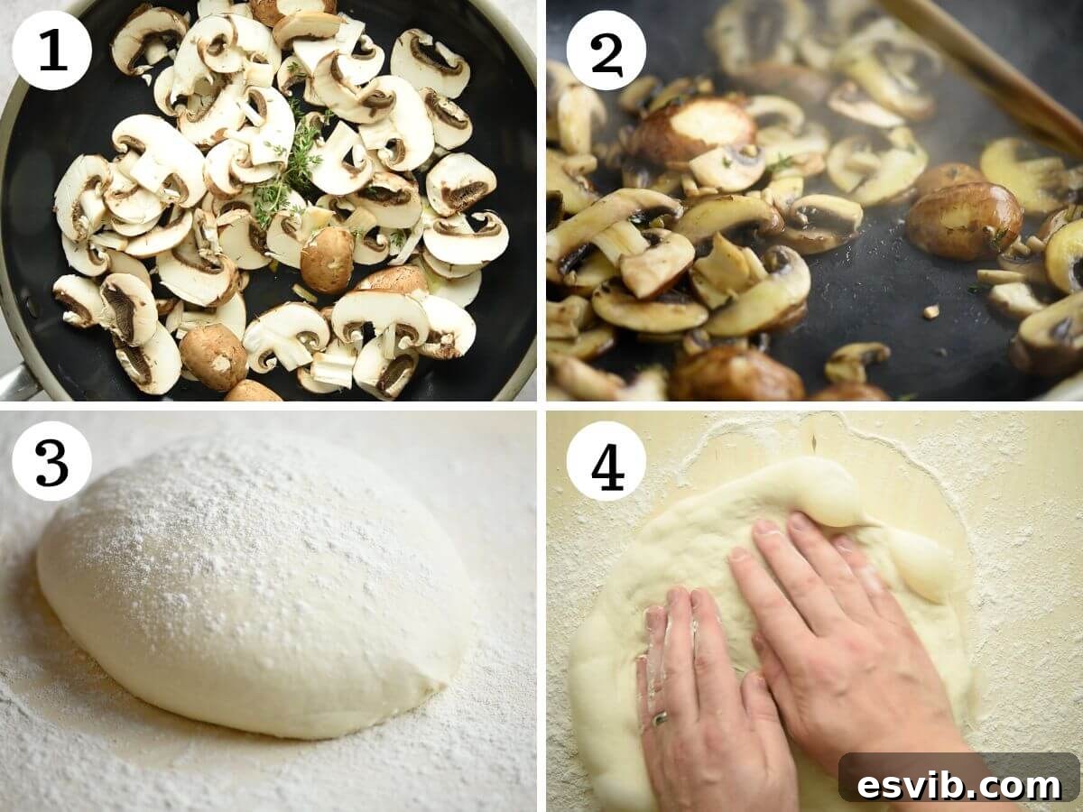 Creamy Taleggio Wild Mushroom Pizza 4 A collage of four sequential photos demonstrating how to perfectly sauté mushrooms and then carefully roll out pizza dough.