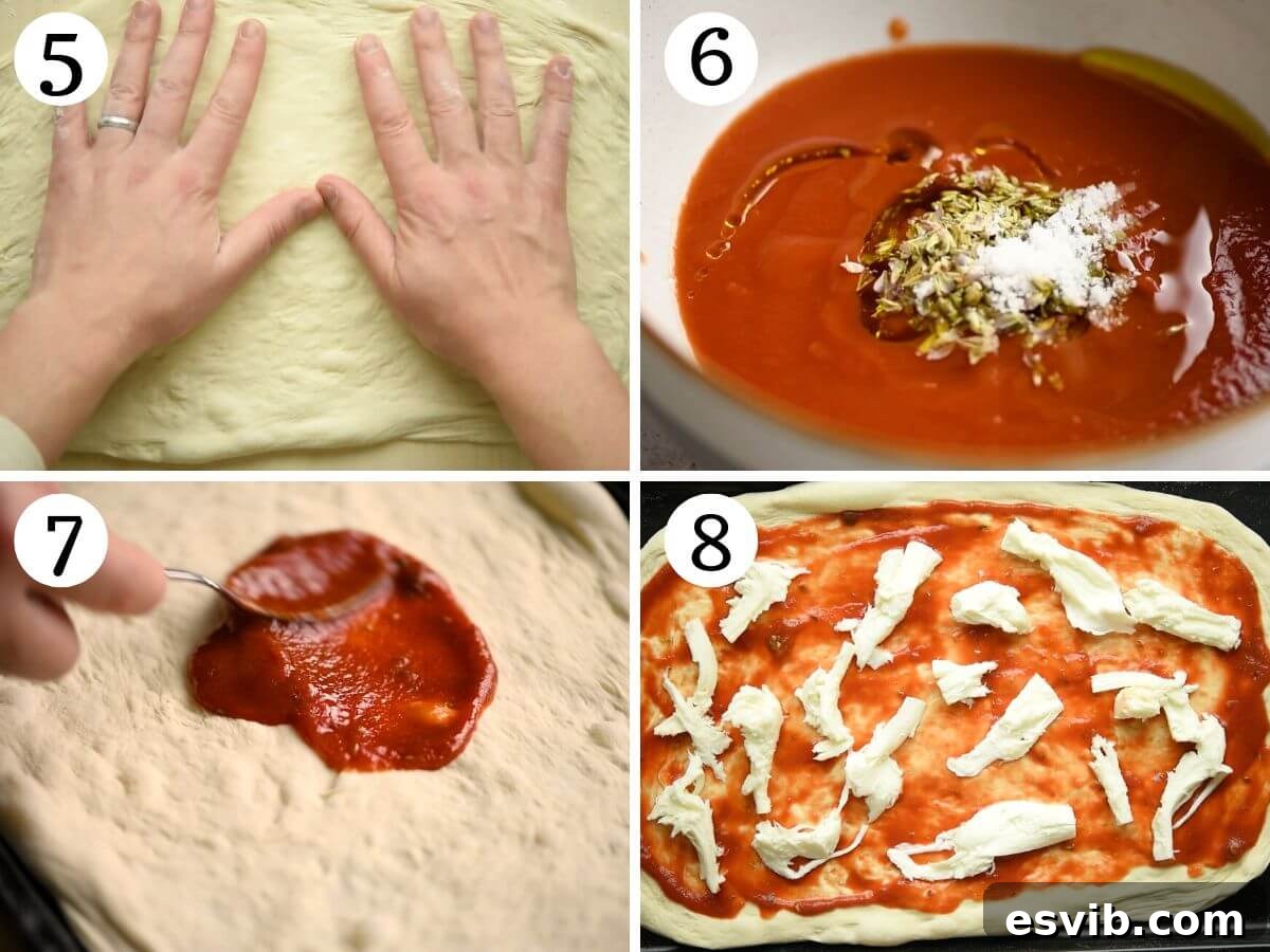 Creamy Taleggio Wild Mushroom Pizza 5 A collage of four photos demonstrating the process of seasoning pizza sauce and meticulously adding various toppings to the pizza base.