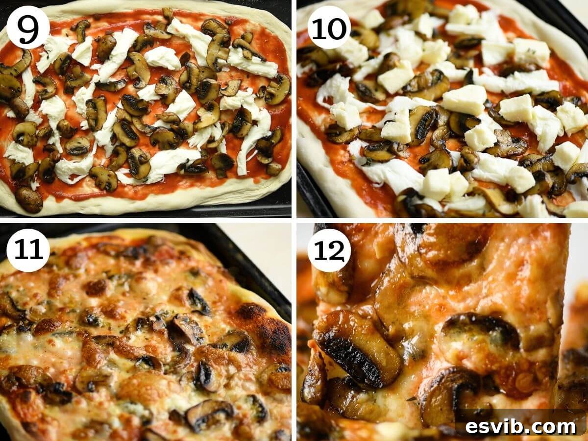 Creamy Taleggio Wild Mushroom Pizza 6 A series of four distinct photos illustrating the final steps involved in creating a perfect mushroom pizza.