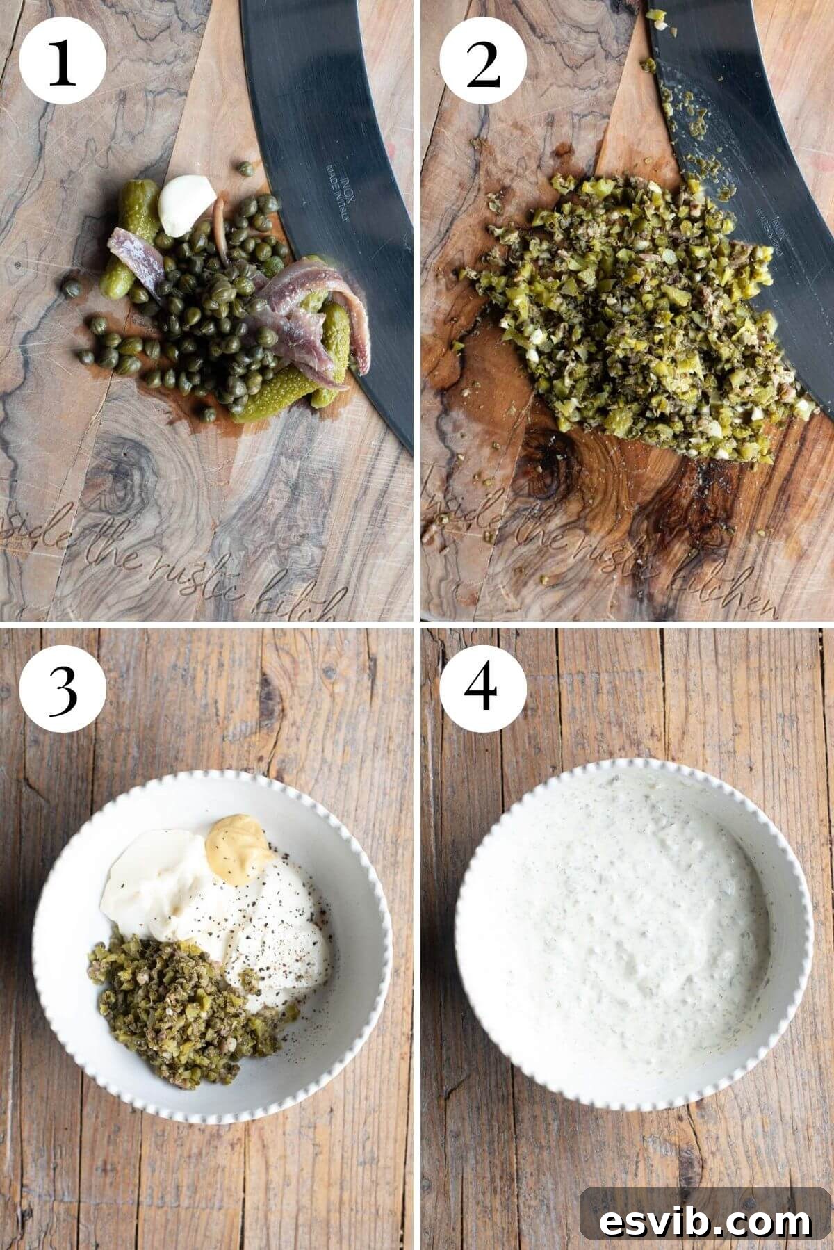 Four photos in a collage showing the steps for making creamy caper dressing: finely chopping ingredients, combining them in a bowl, and mixing until smooth.