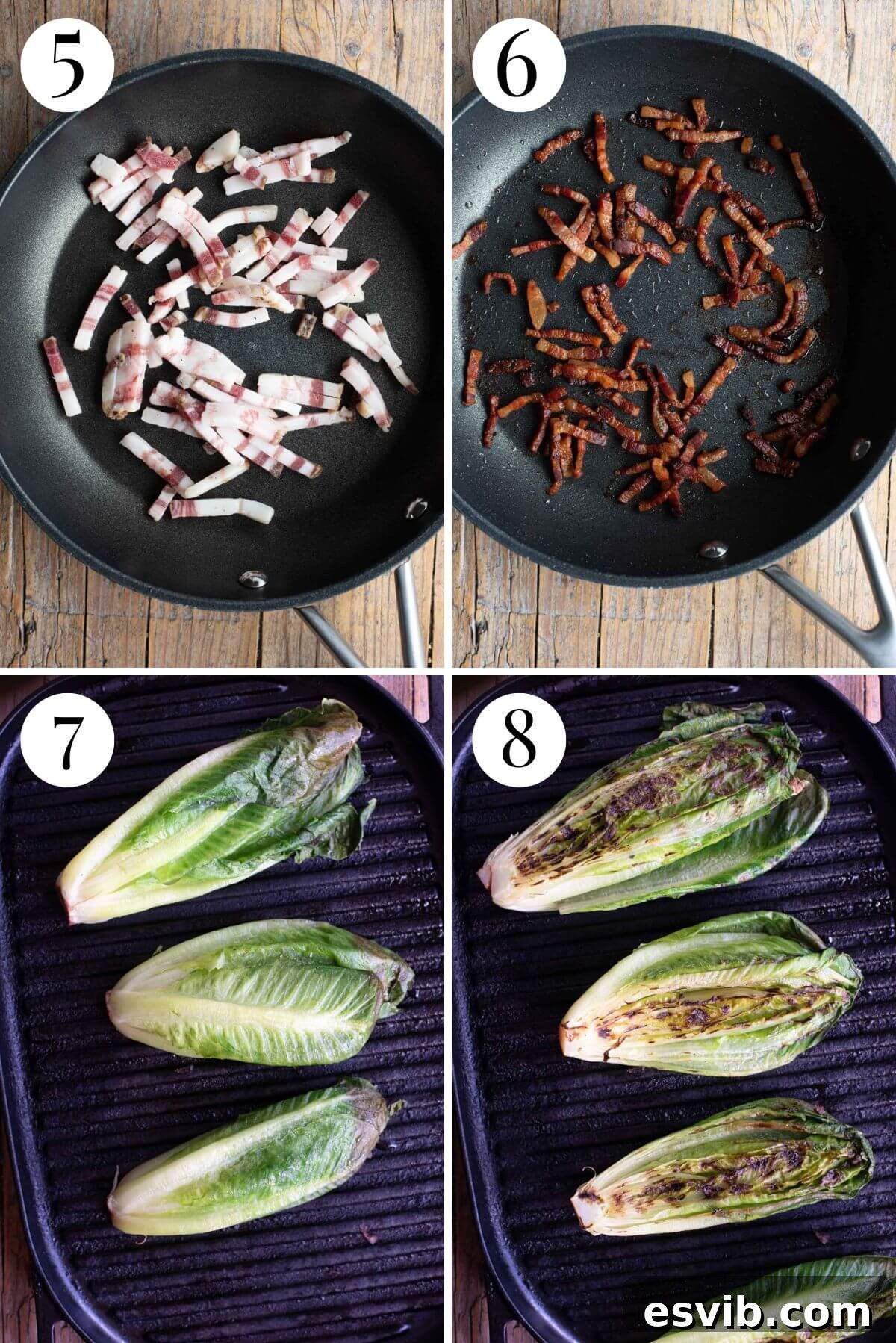 Four photos in a collage showing how to fry pancetta until crispy and grill romaine lettuce on a hot griddle pan.