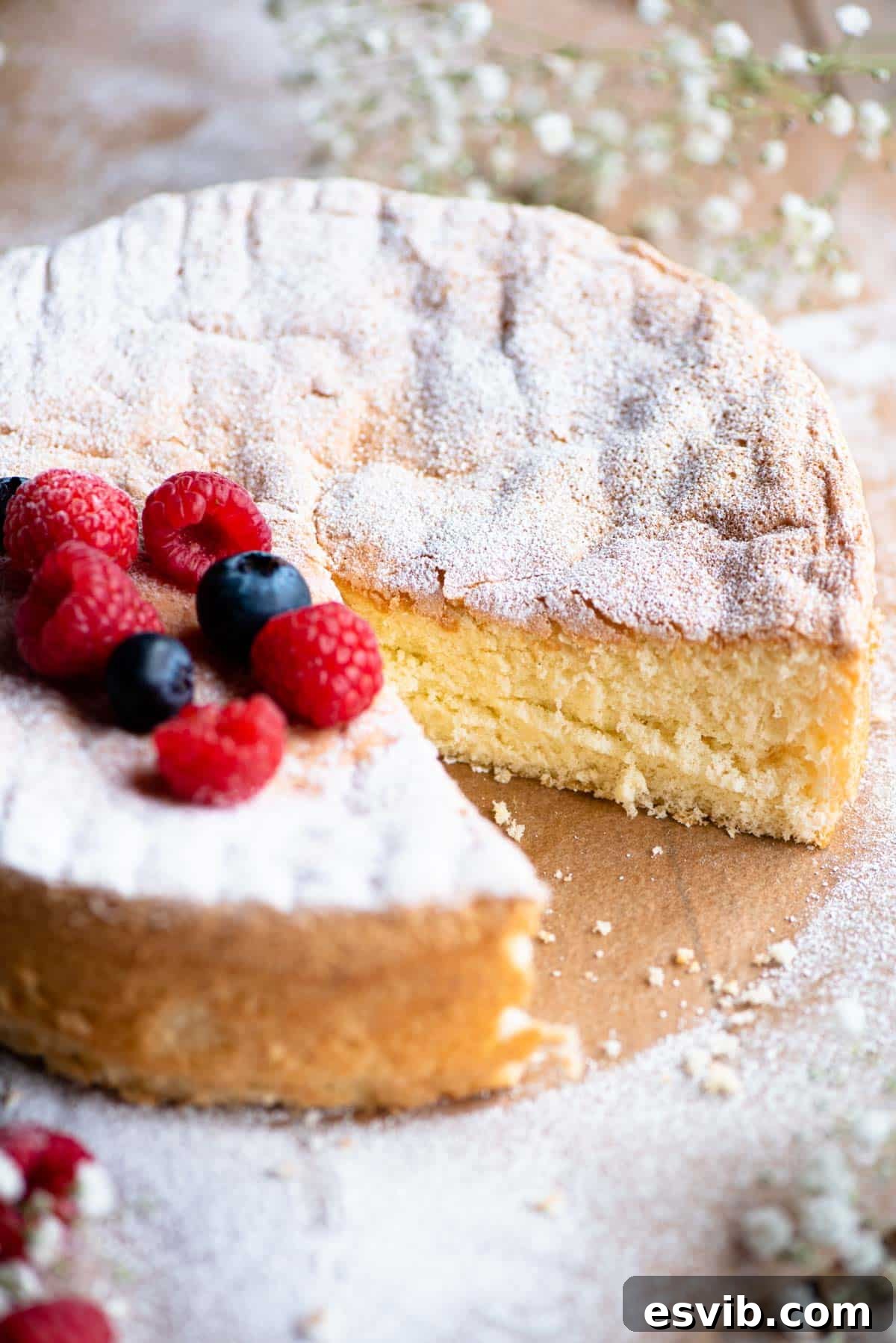 A close up of an Italian Pan di Spagna sponge cake with a slice cut out and berries on the top.