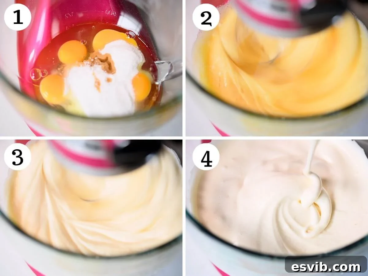 Four photos in a collage showing how to beat eggs and sugar until thick and fluffy using a stand mixer.