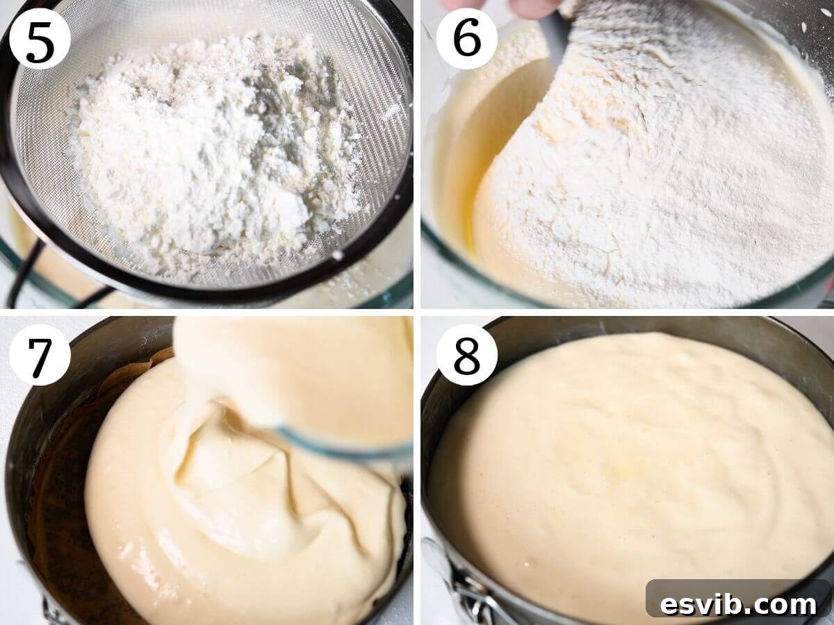 Four photos in a collage showing how to sift flour into eggs to make Pan di Spagna.