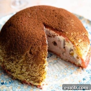 A close up cropped image of an Italian Zuccotto dessert with a slice cut out, ready to be served.