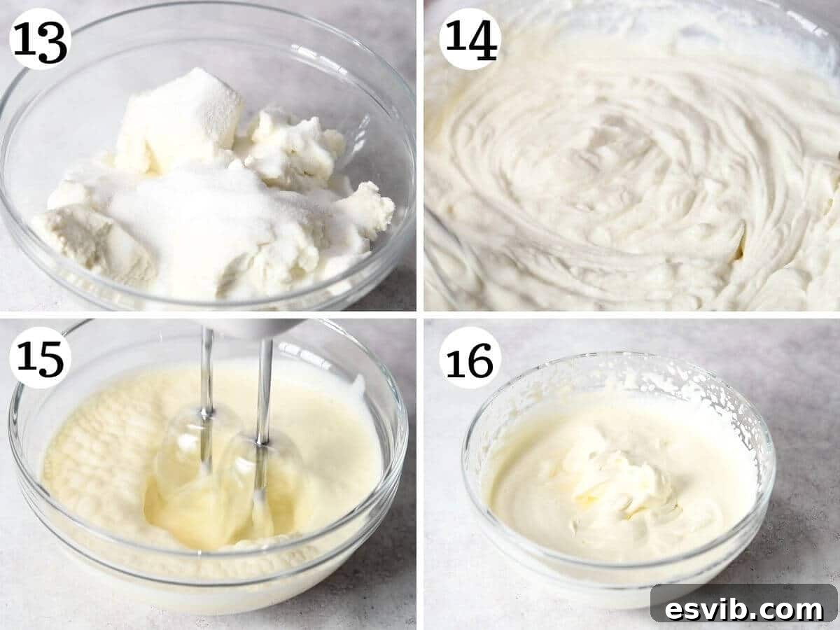 Zuccotto: Creamy Ricotta Sponge Cake 7 Four photos in a collage demonstrating the preparation of the ricotta filling, showing how to whisk sugar into ricotta and whip heavy cream to soft peaks.
