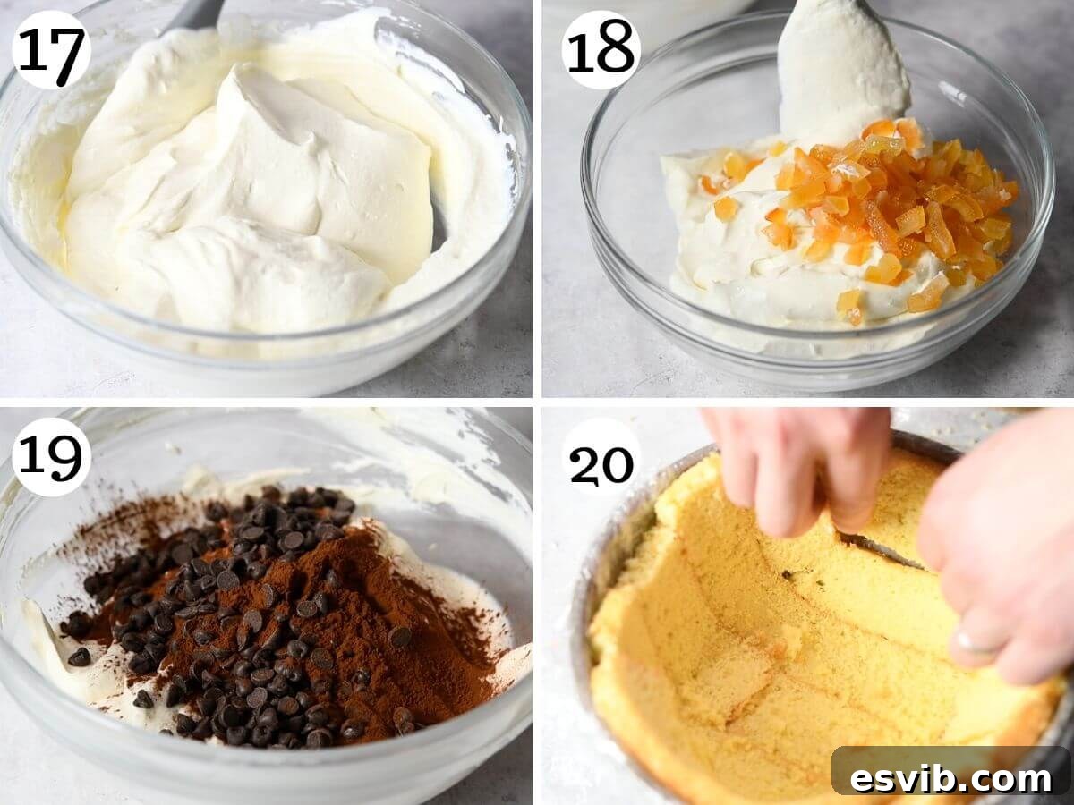 Zuccotto: Creamy Ricotta Sponge Cake 8 Four photos in a collage illustrating the creation of two distinct ricotta creams (white with candied fruit and chocolate with chocolate chips) for Zuccotto.