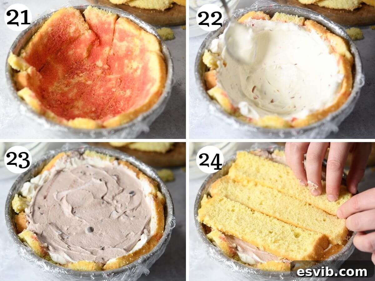 Zuccotto: Creamy Ricotta Sponge Cake 9 Four photos in a collage illustrating the assembly process of an Italian Zuccotto dessert, showing the bowl being lined with sponge cake.