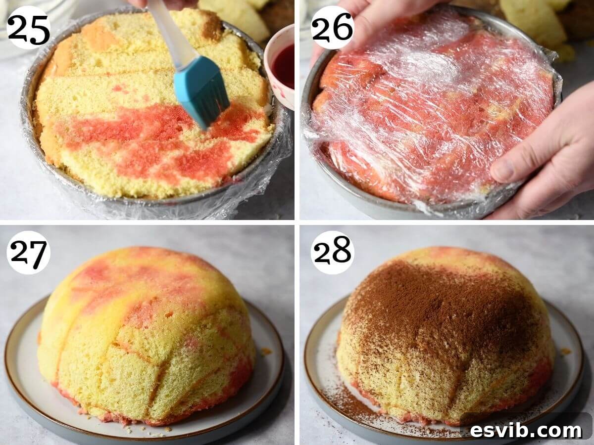 Zuccotto: Creamy Ricotta Sponge Cake 10 Four photos in a collage depicting Zuccotto at different stages, including before and after chilling, showing its transformation.