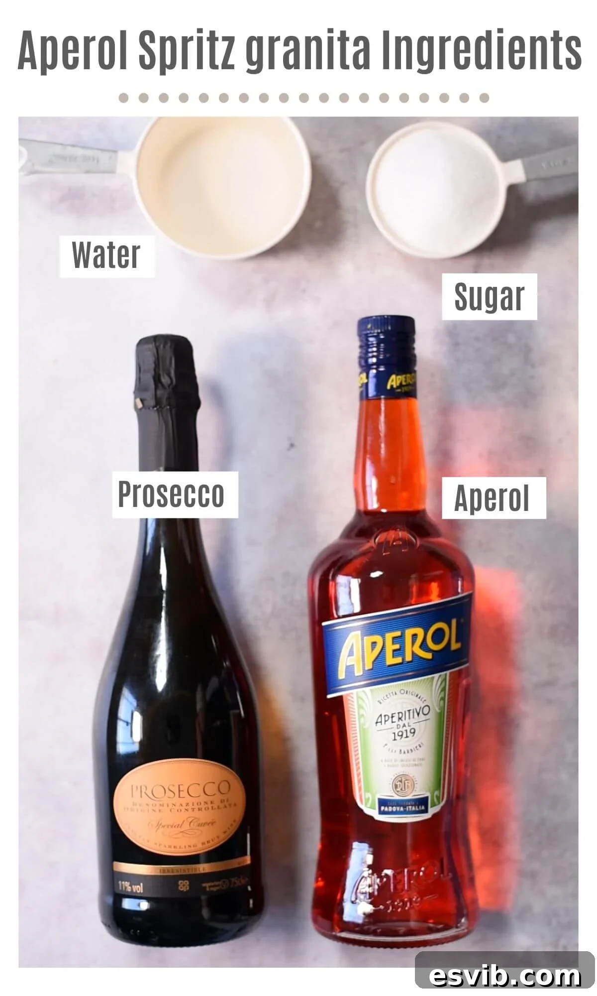An overhead shot of all the ingredients you need to make Aperol Spritz granita.