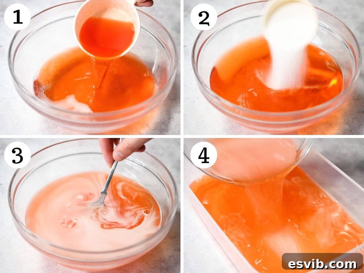 Four photos in a collage showing how to make Aperol spritz granita.
