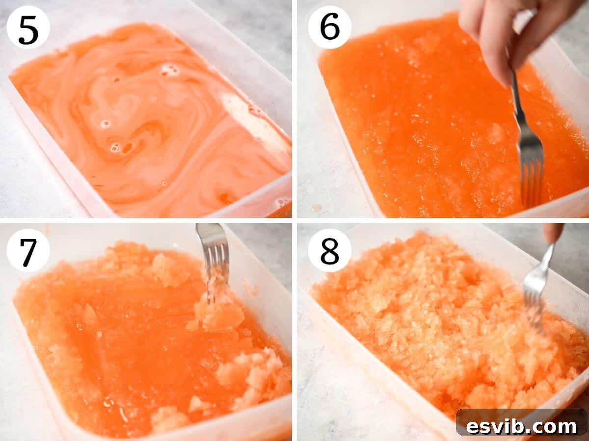 Four photos in a collage showing the stages of making granita.