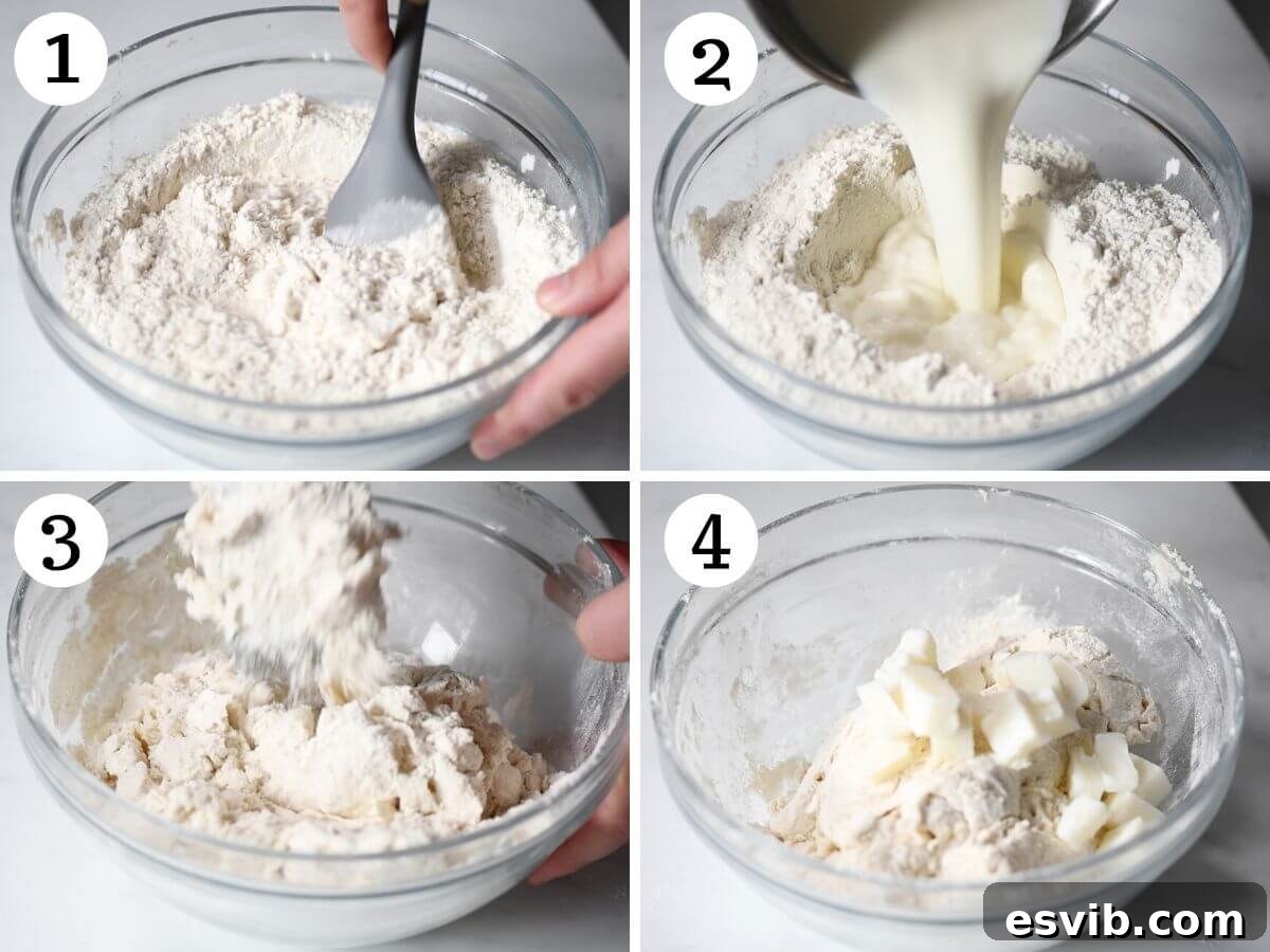 A four-photo collage illustrating the initial stages of making Gnocco Fritto dough, from combining dry ingredients to adding warm milk and forming a rough dough.