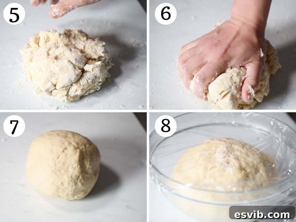A four-photo collage demonstrating the kneading process for Gnocco Fritto dough, followed by images showing the dough before and after its two-hour rise.