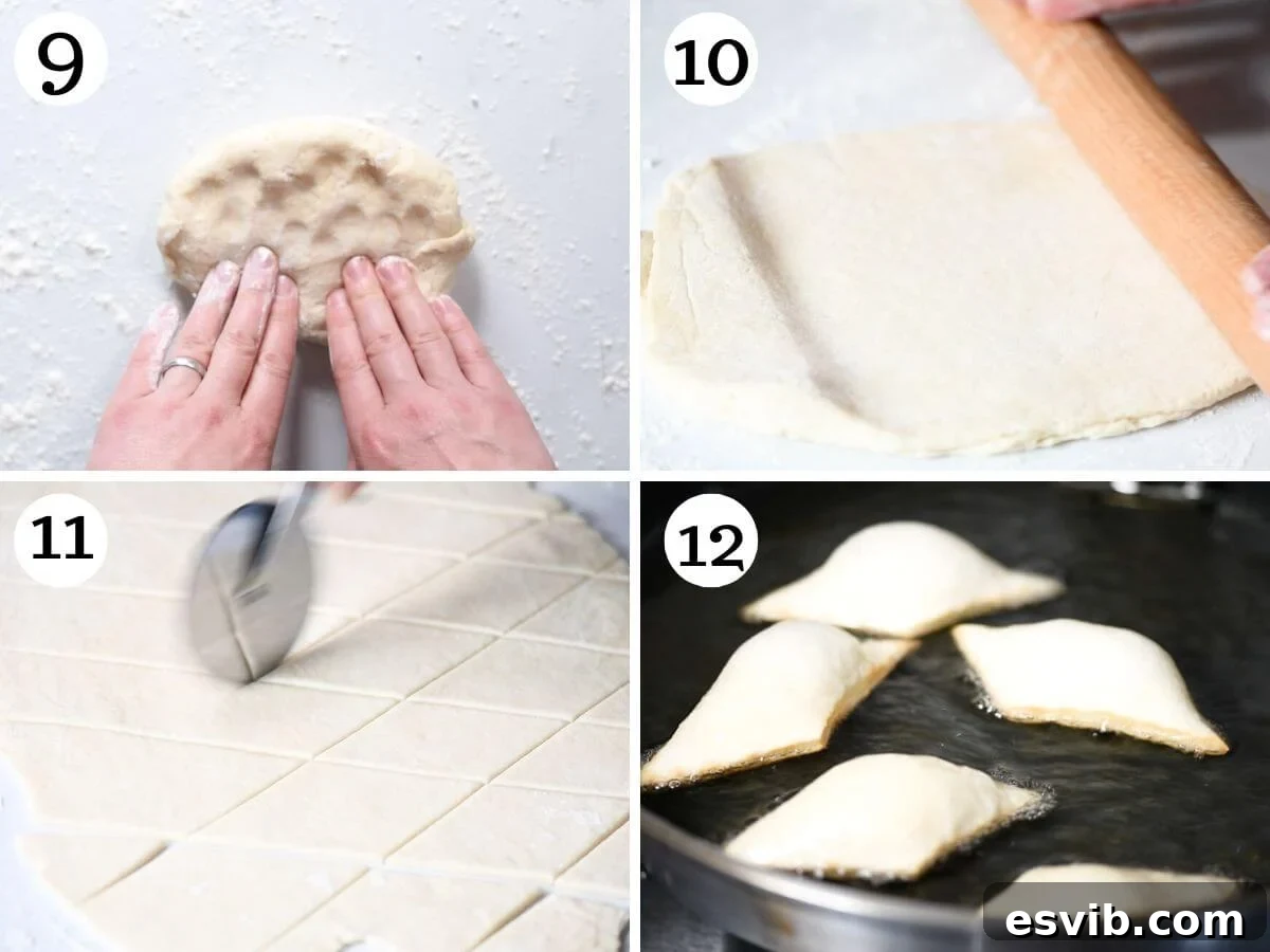A four-photo collage showcasing the final steps of preparing Gnocco Fritto: rolling out the dough, cutting it into squares, and frying it to a perfect golden crisp.