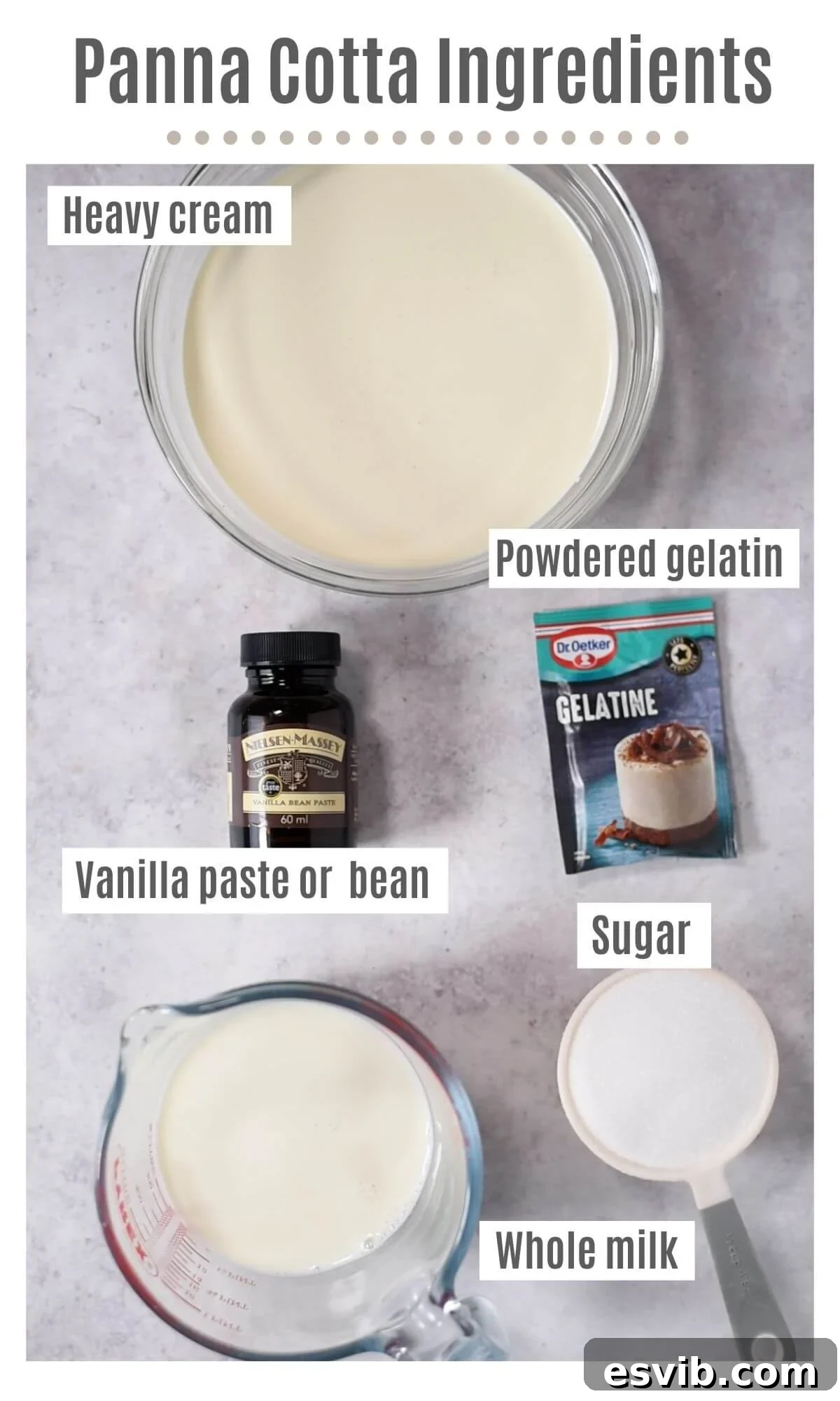 An overhead shot of all the ingredients you need to make a classic Panna Cotta.